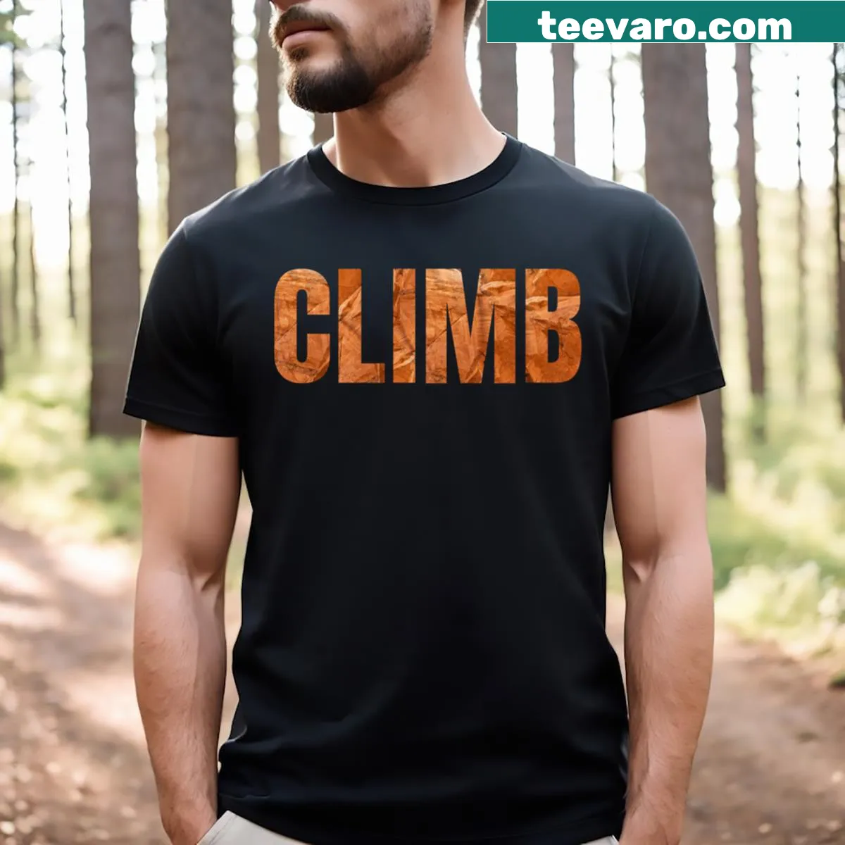 Vintage dark T-shirt with bold 'Climb' lettering for climbers — on a men's t-shirt