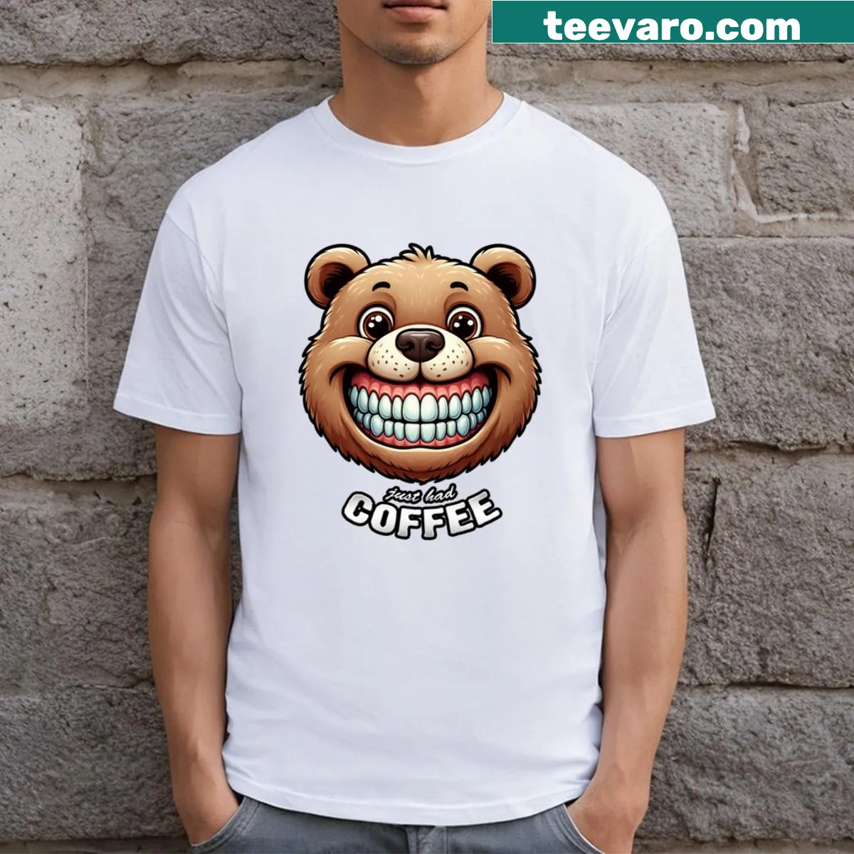 Adorable T-shirt featuring a bear enjoying coffee in a cozy scene — on a men's t-shirt