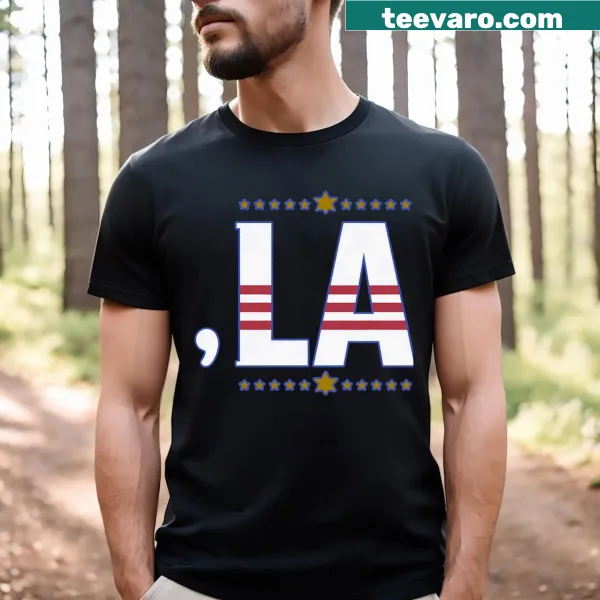Typographic design featuring 'Comma La' on a t-shirt