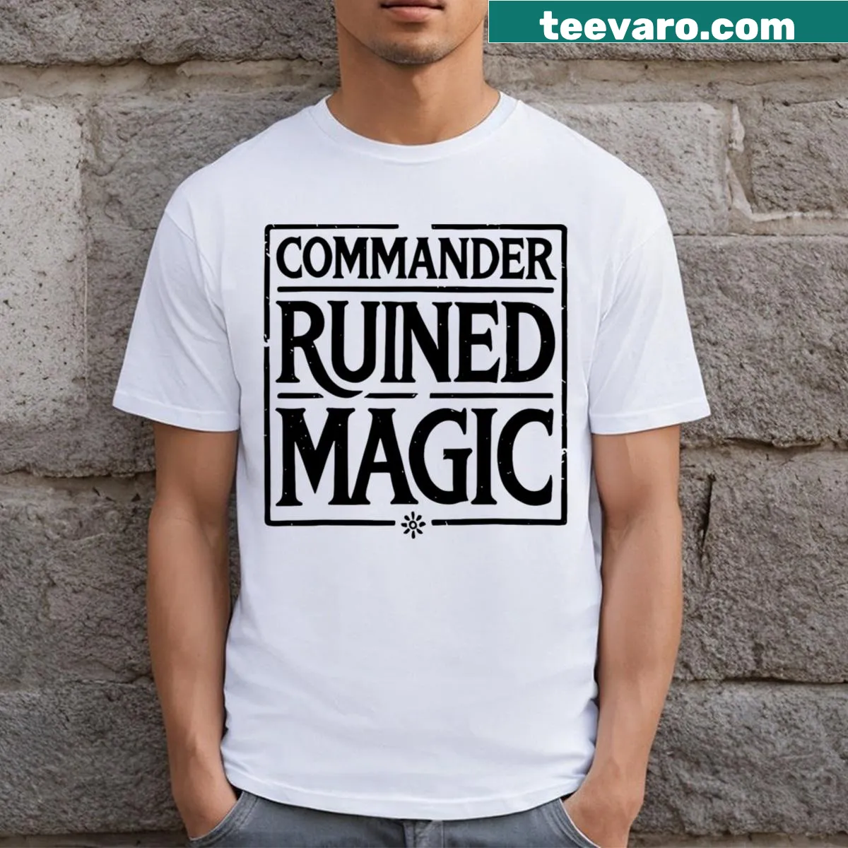 Playful illustration of a commander with ruined magic spells — on a men's t-shirt