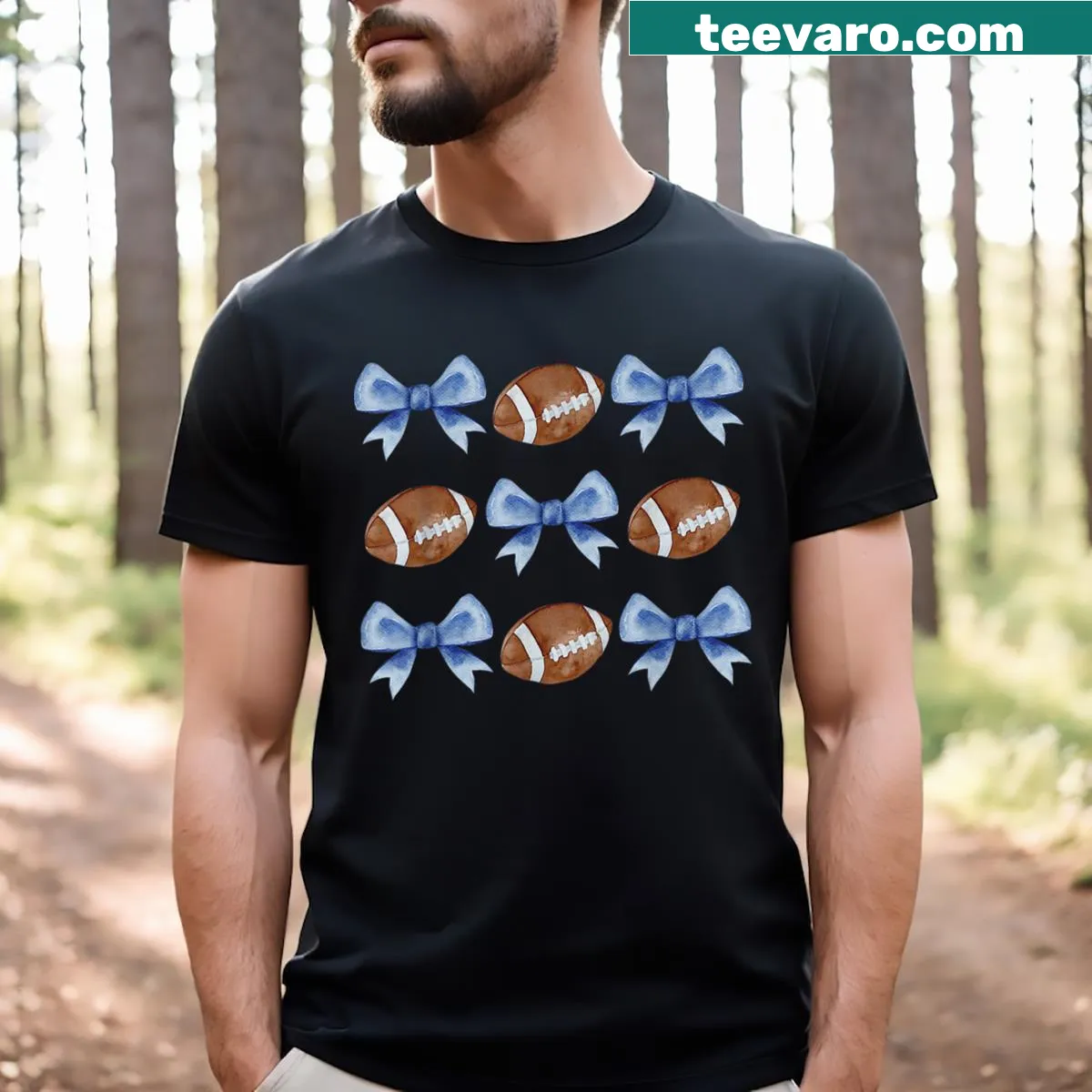 Football-themed graphic and bow design on a mom's T-shirt — on a men's t-shirt