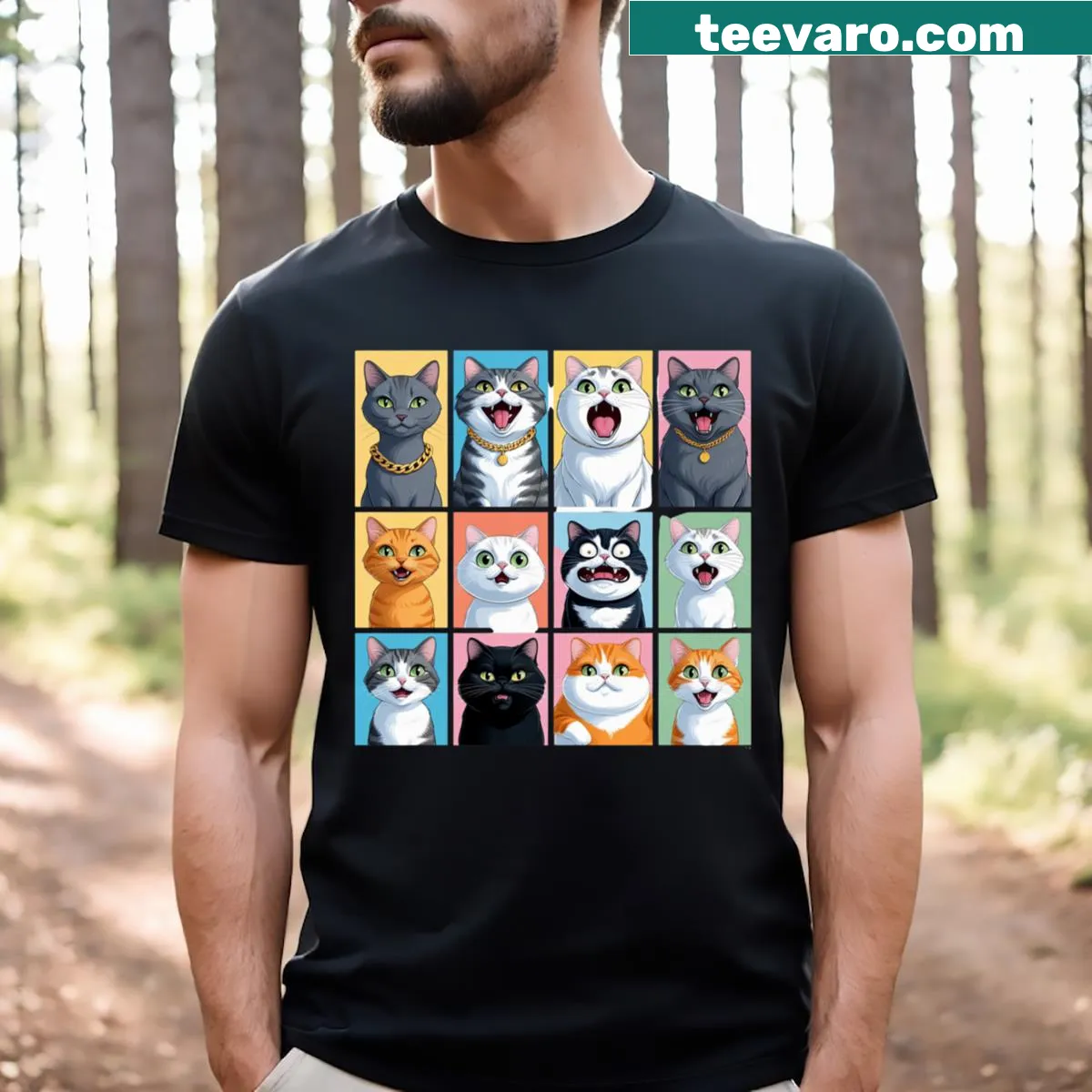 Charming T-shirt featuring various cute cat emotions in illustration style — on a men's t-shirt