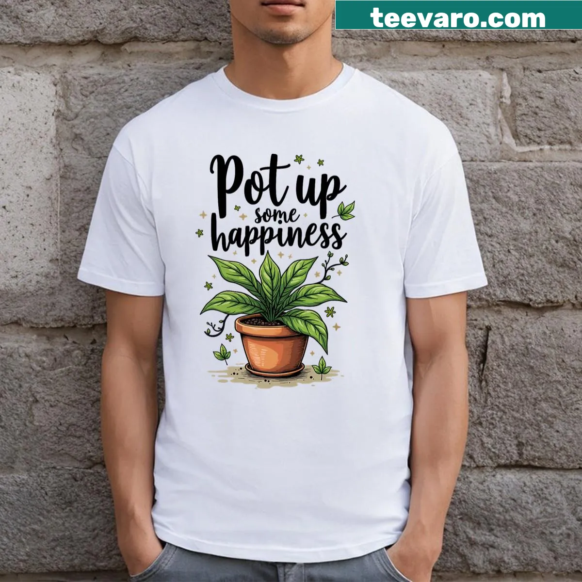 Cute T-shirt with potted plant graphics for plant lovers — on a men's t-shirt