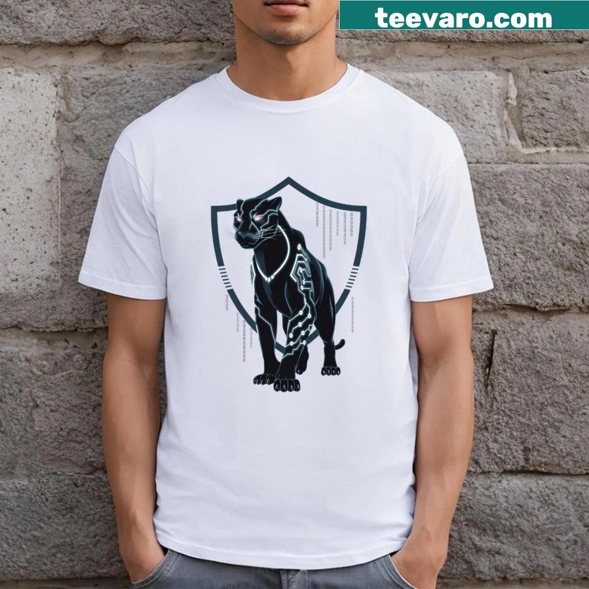 Illustration of a futuristic panther with circuit patterns on a t-shirt — on a men's t-shirt