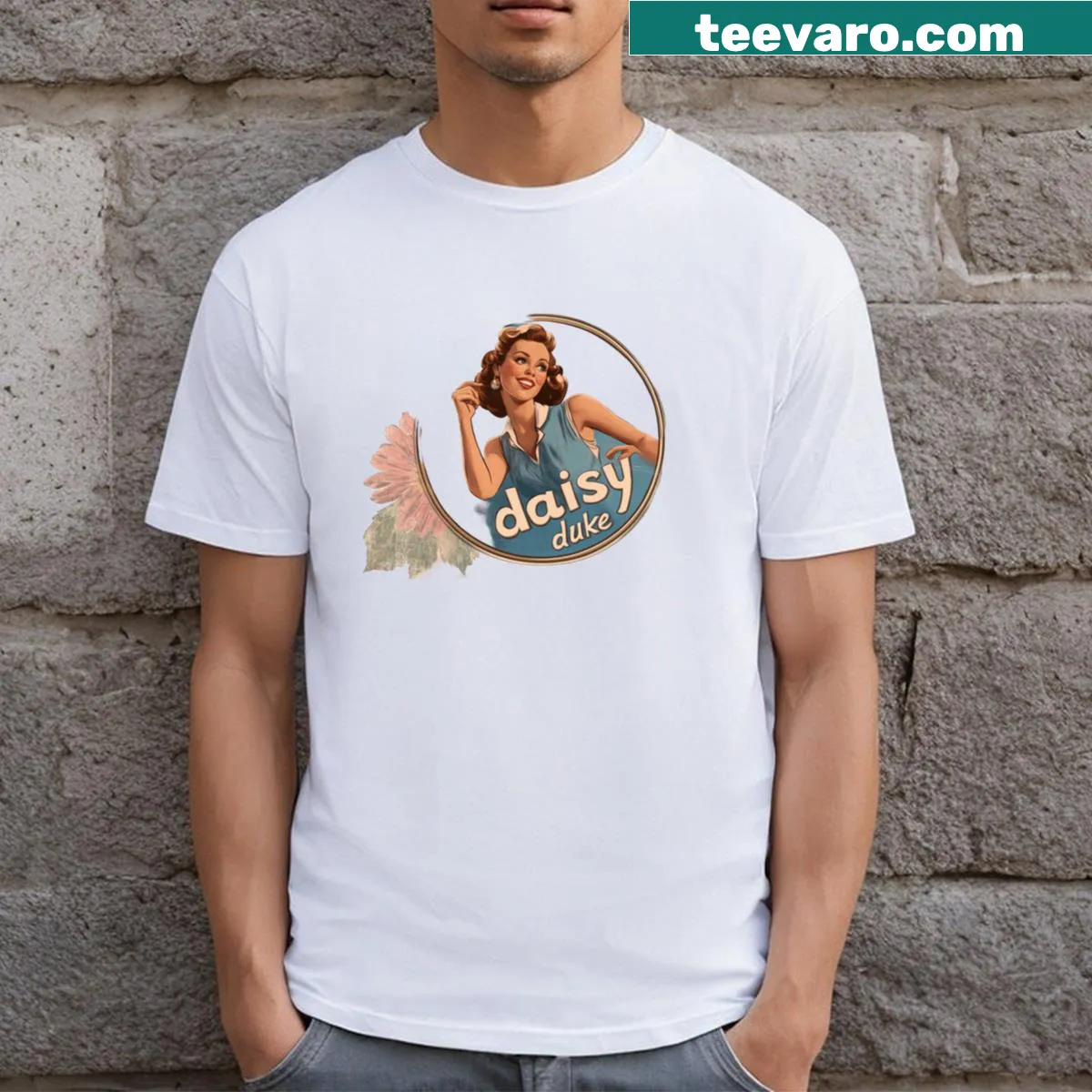 Vintage distressed T-shirt inspired by Daisy Duke with playful print — on a men's t-shirt