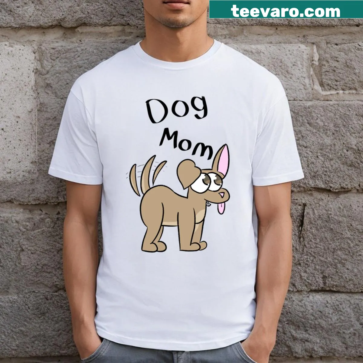 Vintage-style t-shirt with a happy puppy graphic and text for dog moms. — on a men's t-shirt