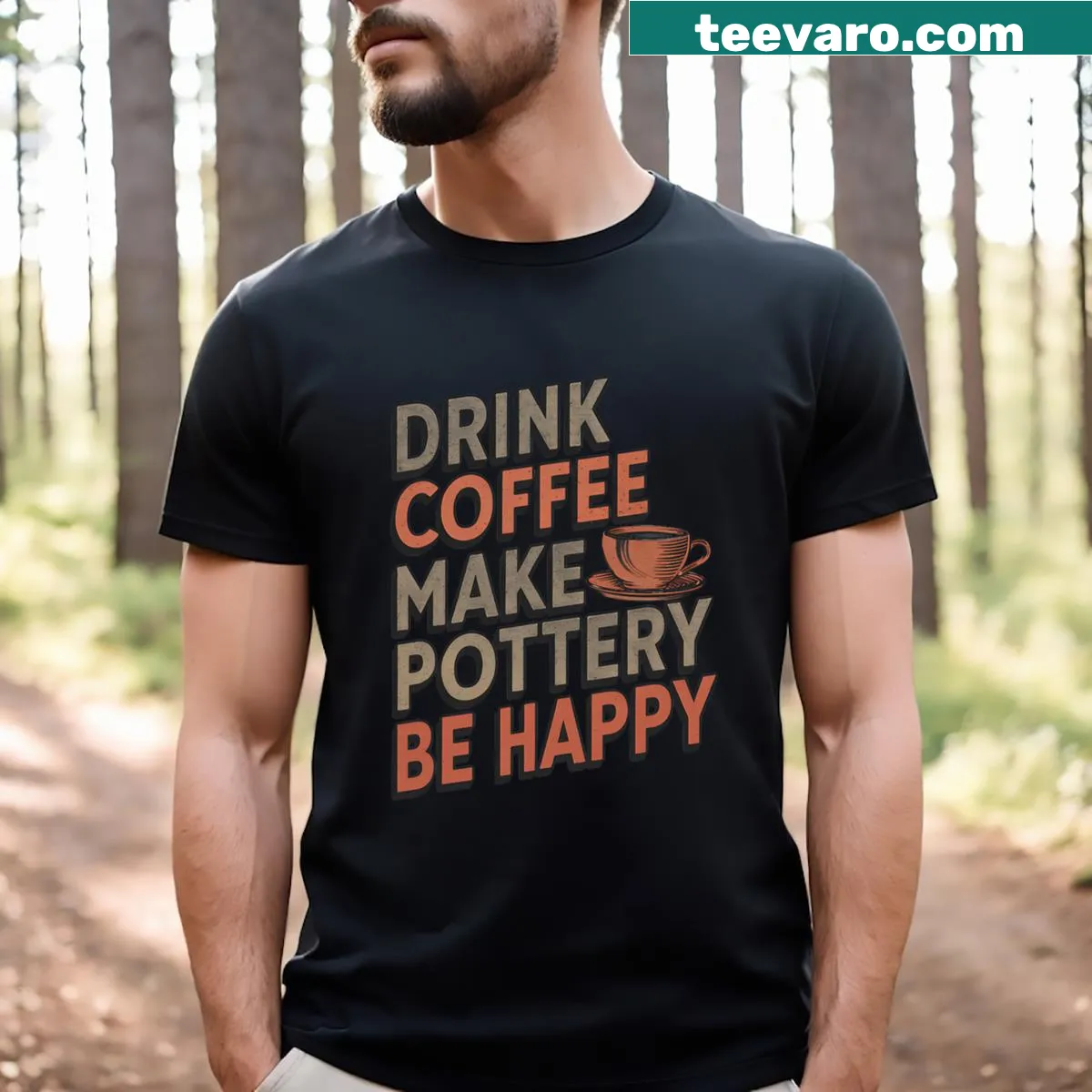 Vintage distressed t-shirt with 'Drink Coffee Make Pottery Be Happy' text — on a men's t-shirt
