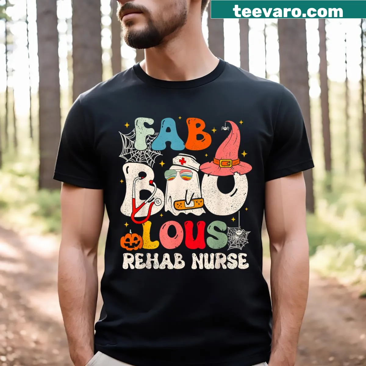 Cute Halloween t-shirt for rehab nurses with fun cartoon graphics — on a men's t-shirt