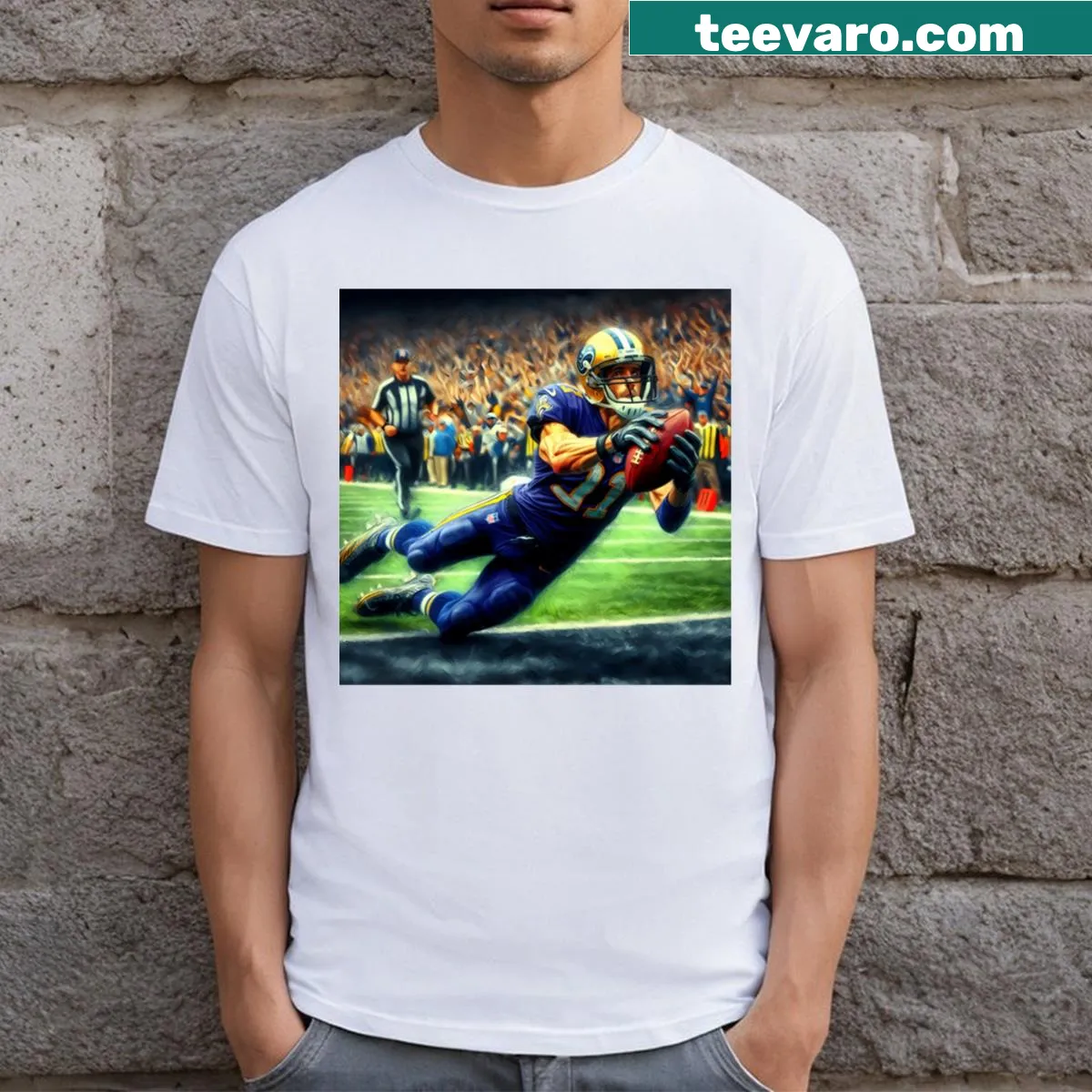 Long T-shirt featuring a football player making a diving catch — on a men's t-shirt