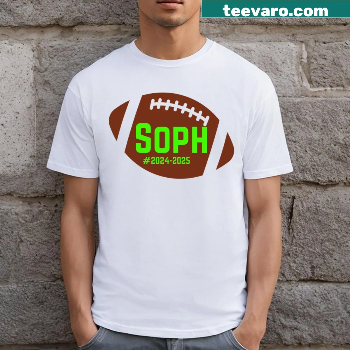 Green T-shirt with Sophomore Football text for 2024-2025 — on a men's t-shirt
