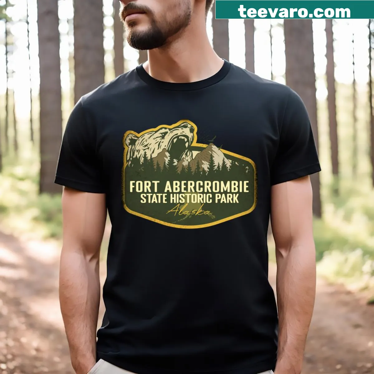 Retro camping design T-shirt for Fort Abercrombie State Historic Park — on a men's t-shirt