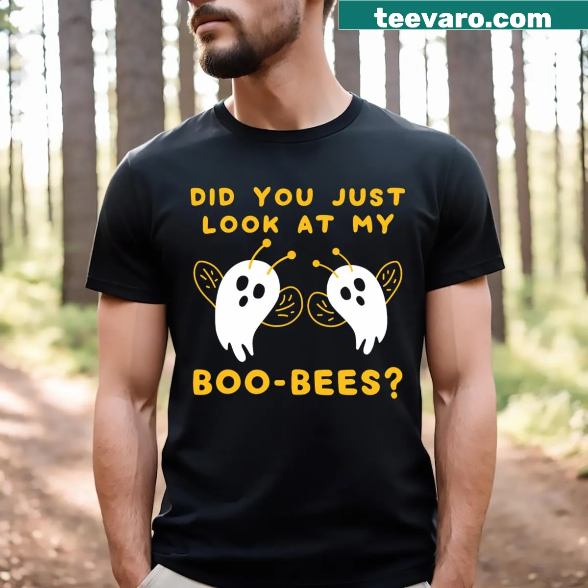 Funny Halloween t-shirt with the phrase Did You Just Look At My Boo Bees? — on a men's t-shirt