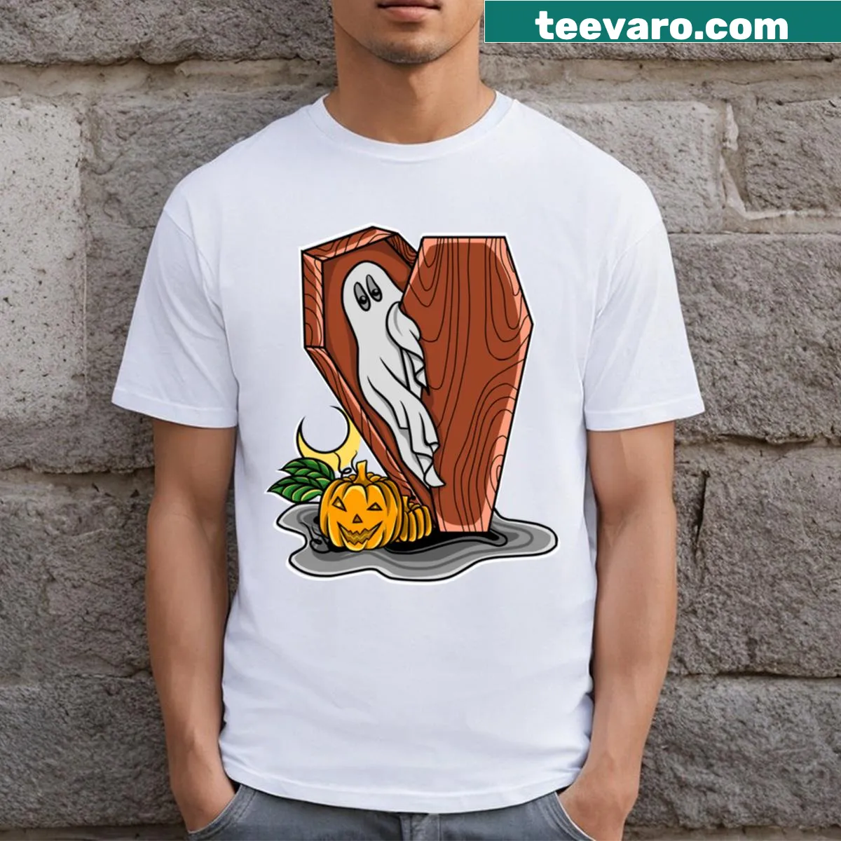 Friendly ghost graphic Halloween t-shirt — on a men's t-shirt