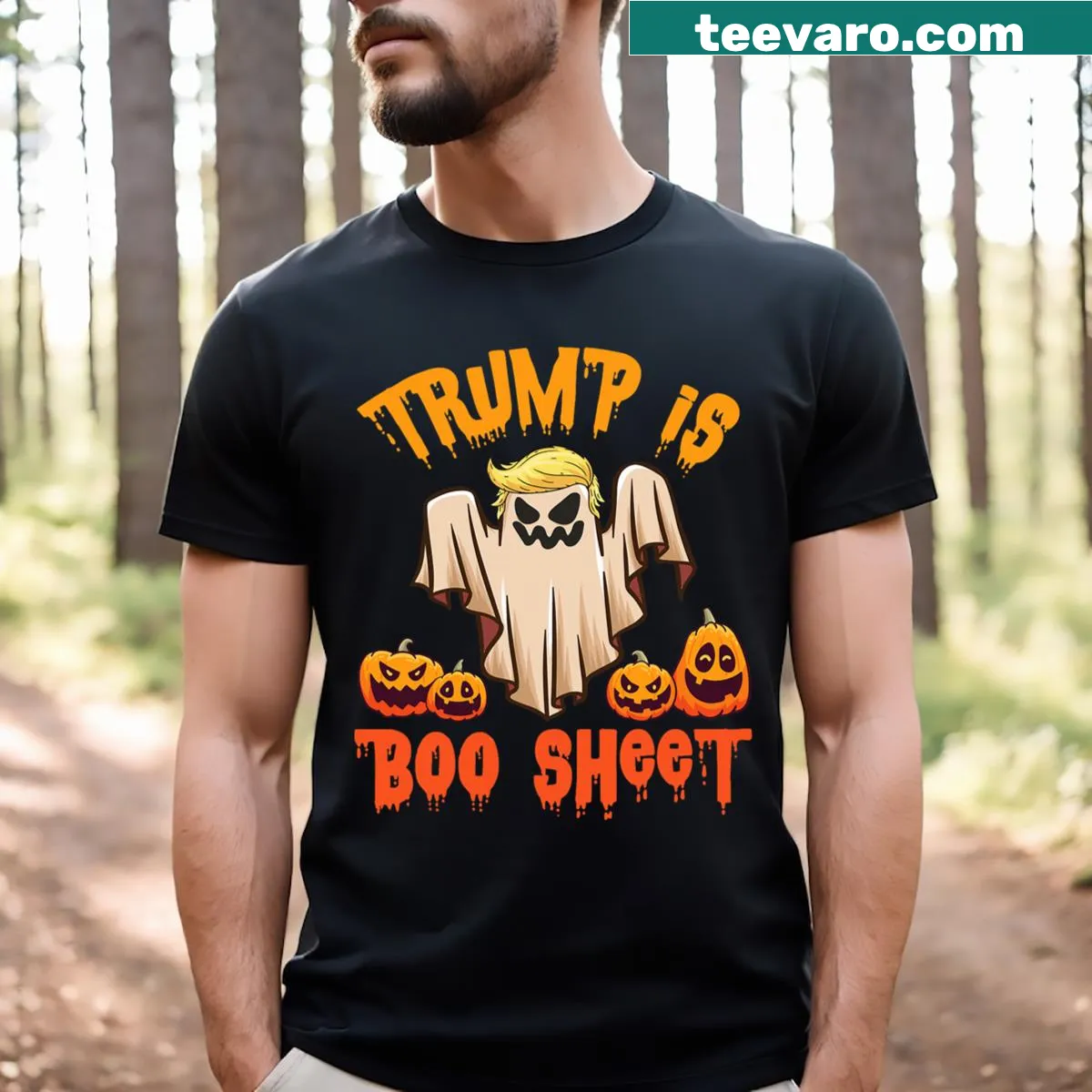 Halloween T-shirt with ghosts, pumpkins, and funny text — on a men's t-shirt