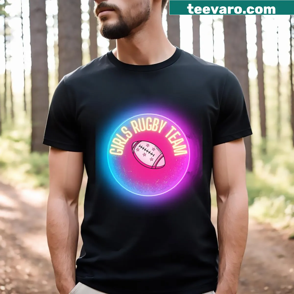 Girls Rugby Team T-shirt with bold typography — on a men's t-shirt