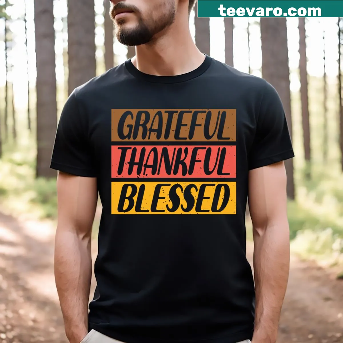 Inclusive Thanksgiving shirt featuring Grateful, Thankful, Blessed — on a men's t-shirt