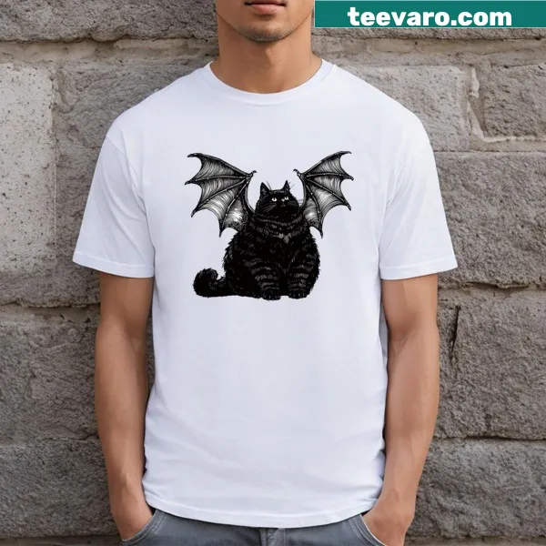 Playful Halloween Bat Cat graphic on a T-shirt