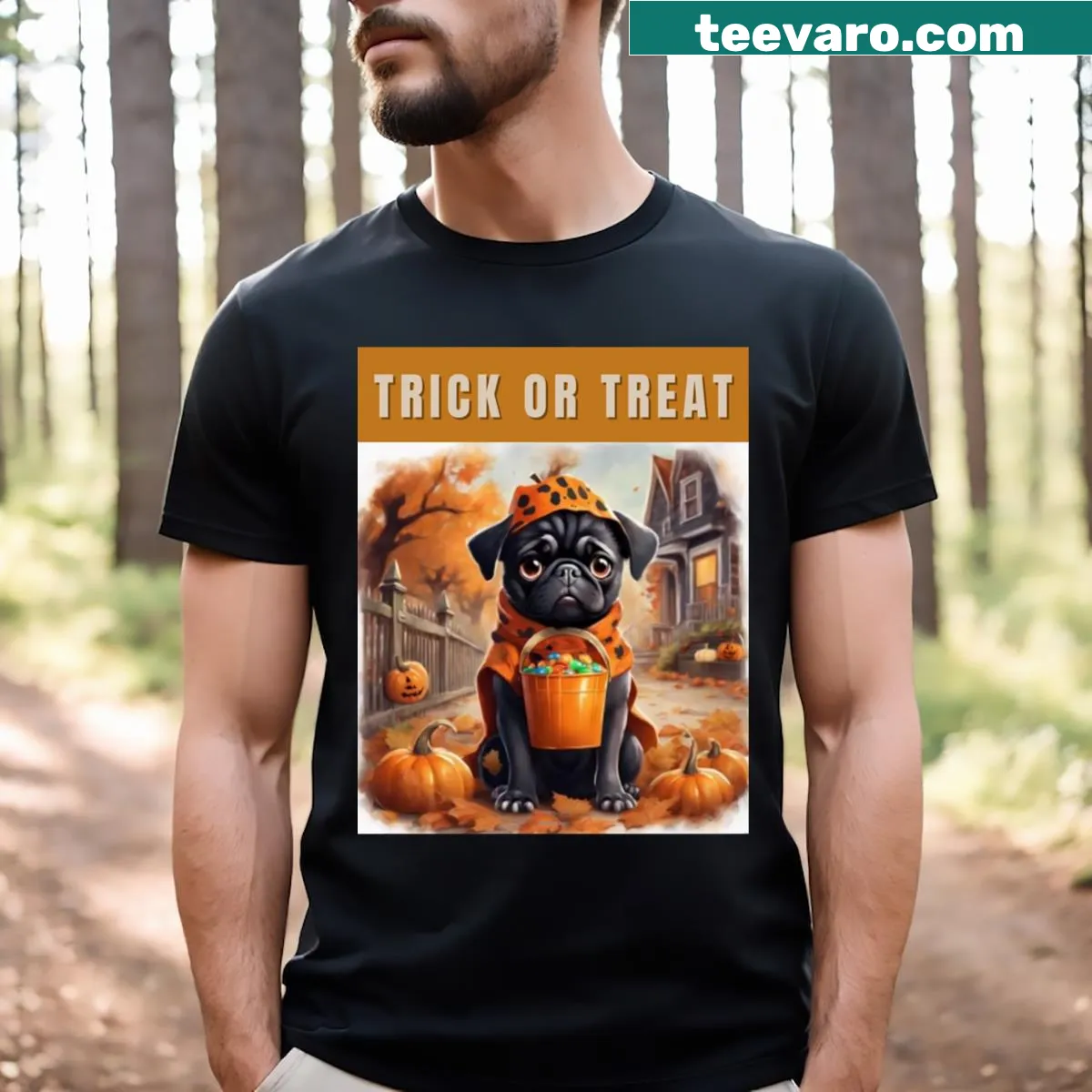 Cute Halloween-themed T-shirt featuring a pug in a costume — on a men's t-shirt