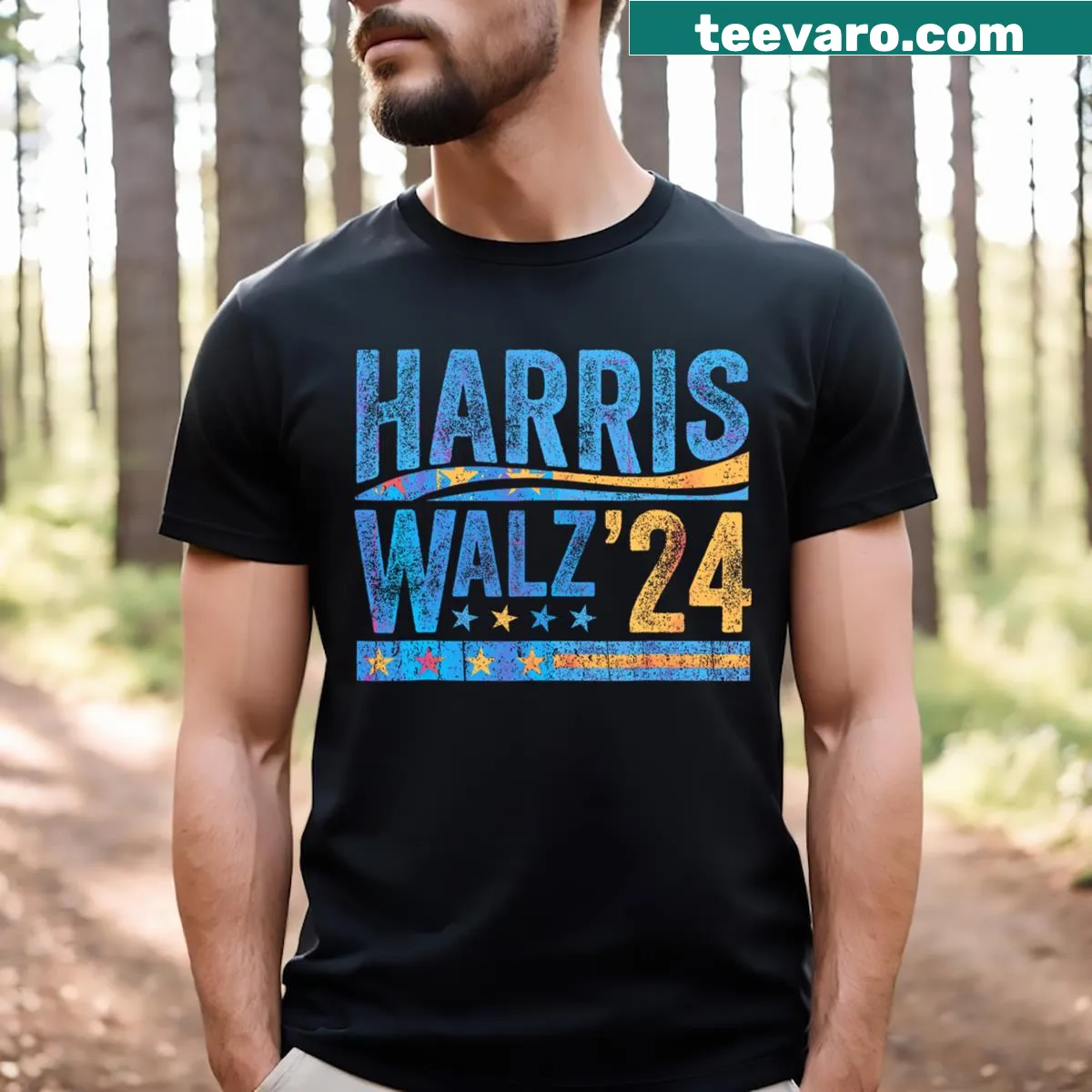 Kamala Harris Tim Waltz 2024 election t-shirt — on a men's t-shirt