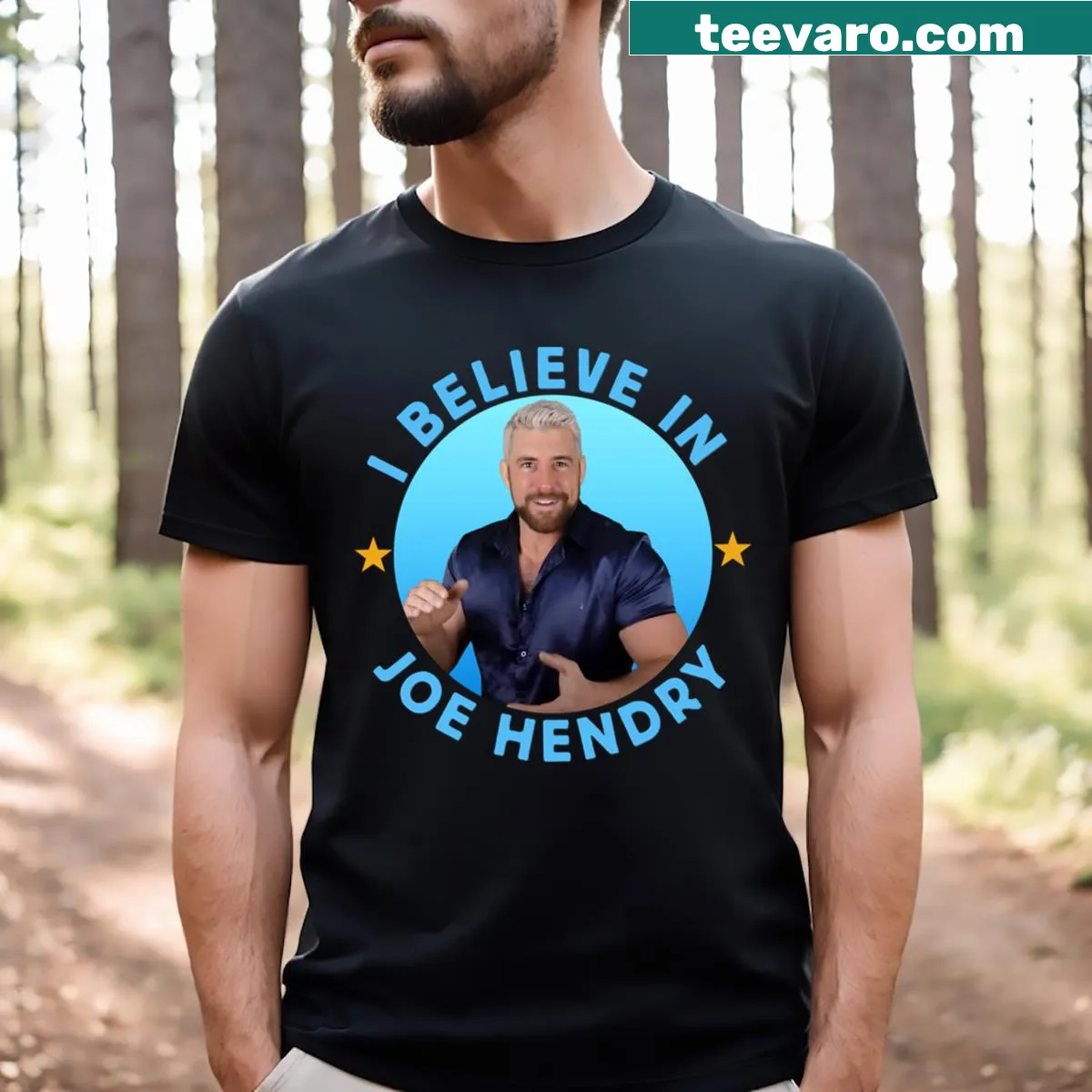 Gradient blue t-shirt with the text 'I Believe In Joe Hendry' — on a men's t-shirt