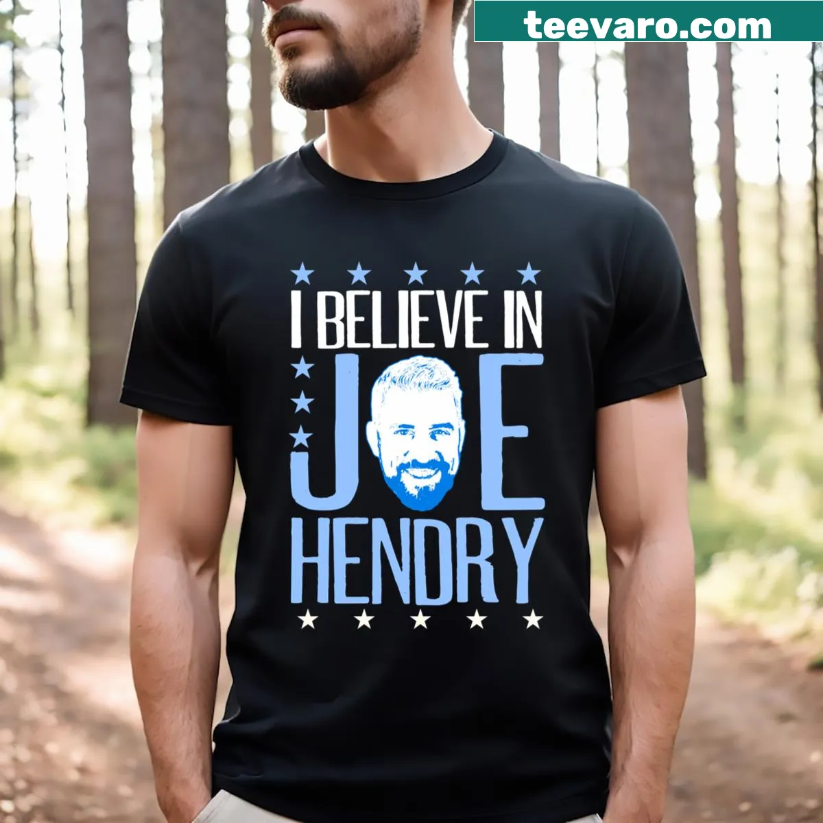 Happy smile graphic t-shirt with 'I Believe In Joe Hendry' text — on a men's t-shirt
