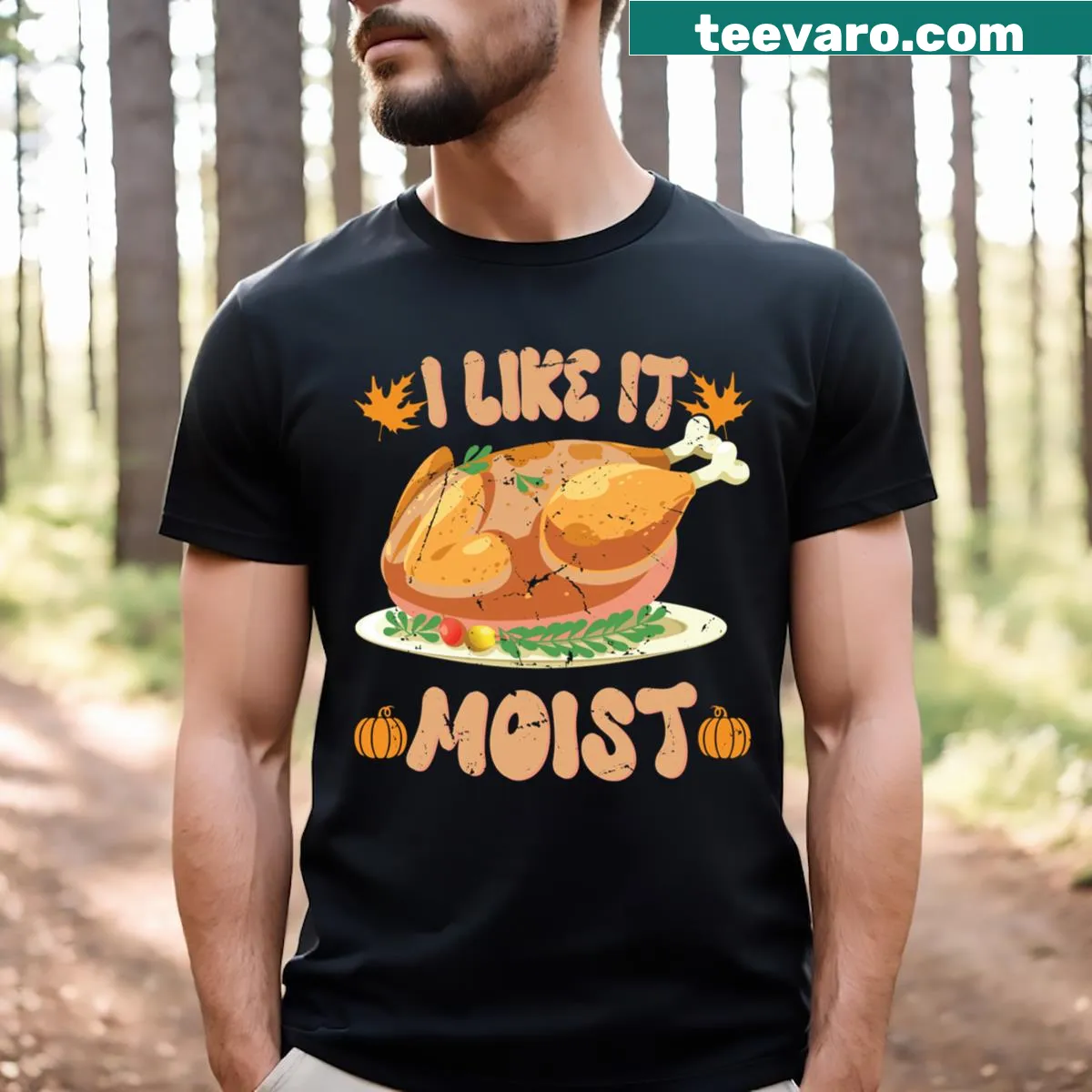 Vintage Thanksgiving turkey t-shirt with humorous moist graphic — on a men's t-shirt