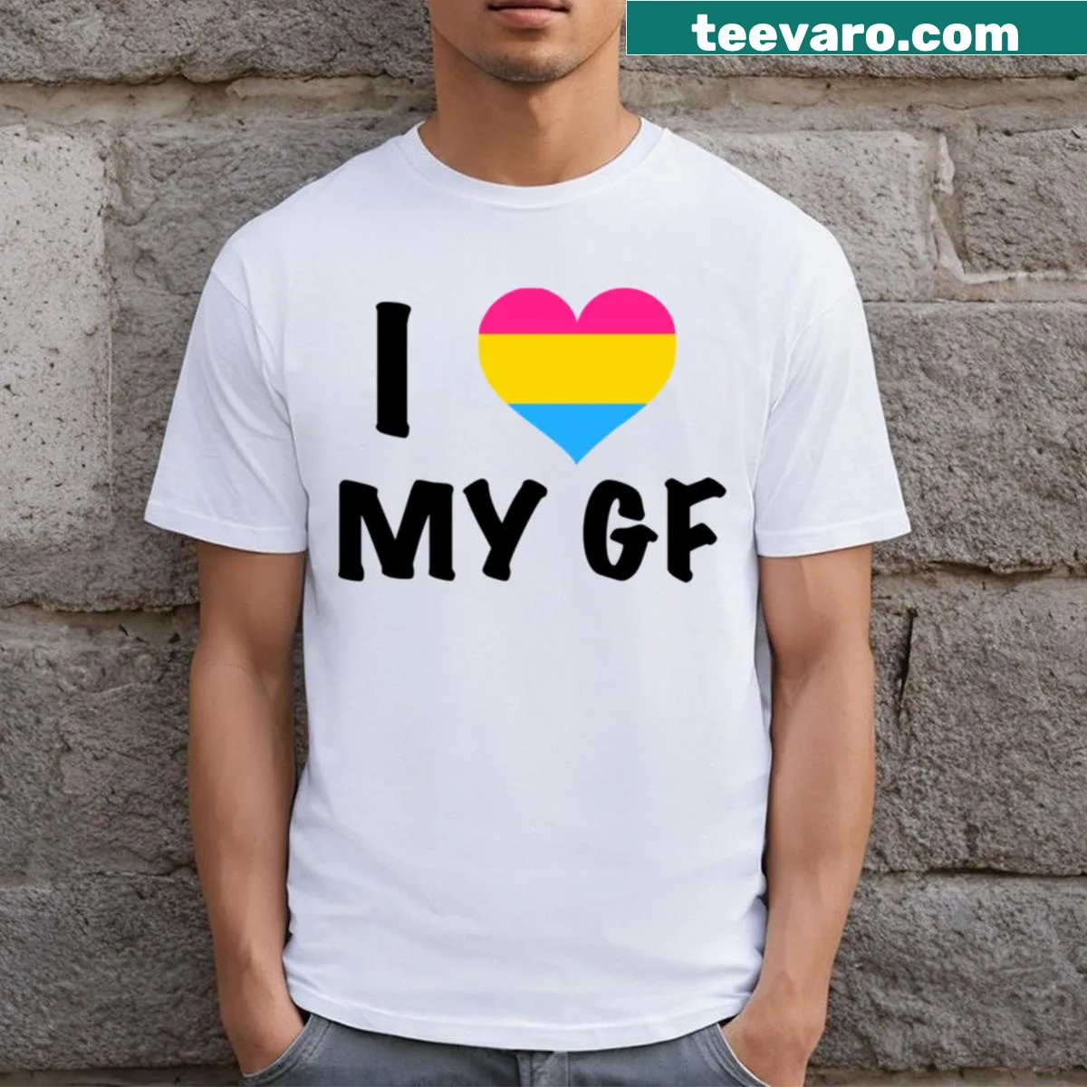 T-shirt with the phrase 'I Love My Pan Gf' in playful typography — on a men's t-shirt