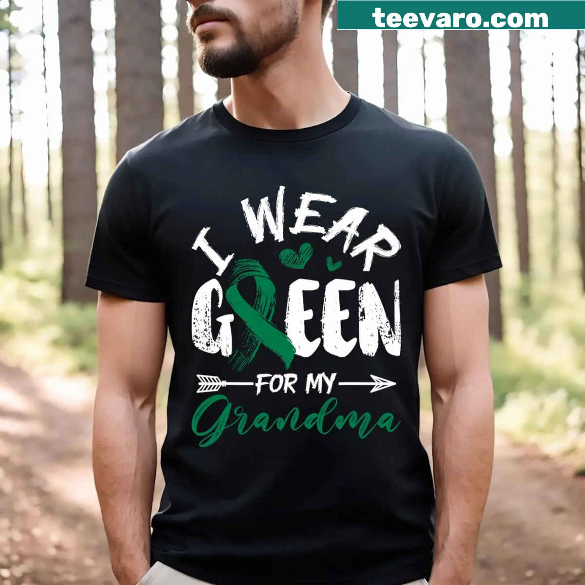 T-shirt with the phrase 'I Wear Green For My Grandma' supporting liver cancer awareness — on a men's t-shirt