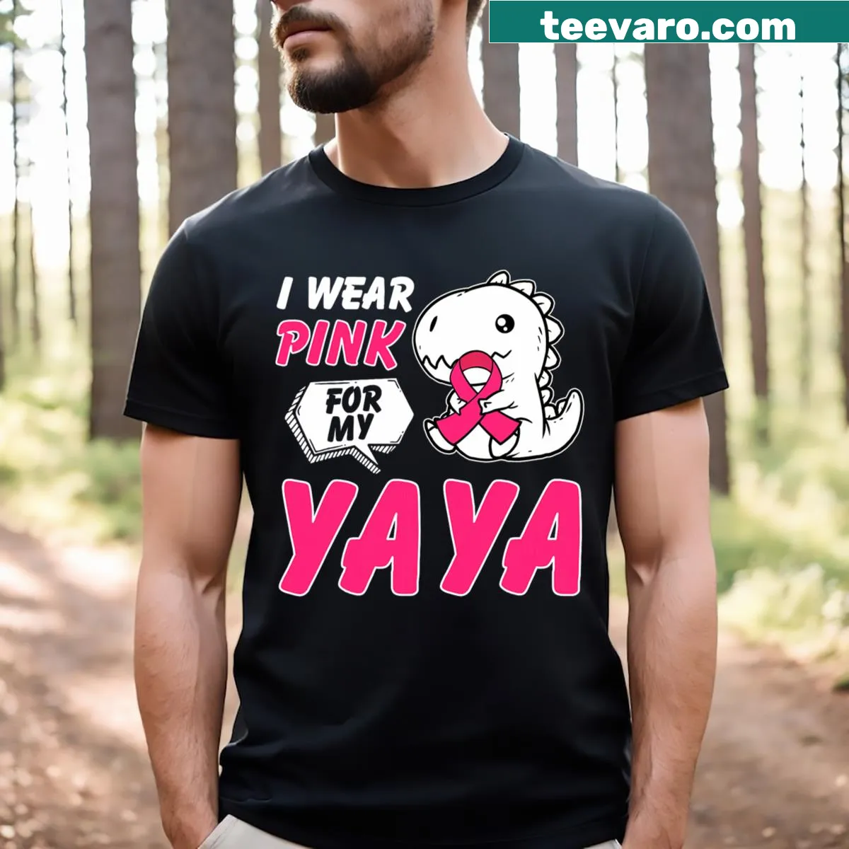 Kids t-shirt featuring a dinosaur and the phrase 'I Wear Pink For My Yaya' supporting breast cancer awareness — on a men's t-shirt