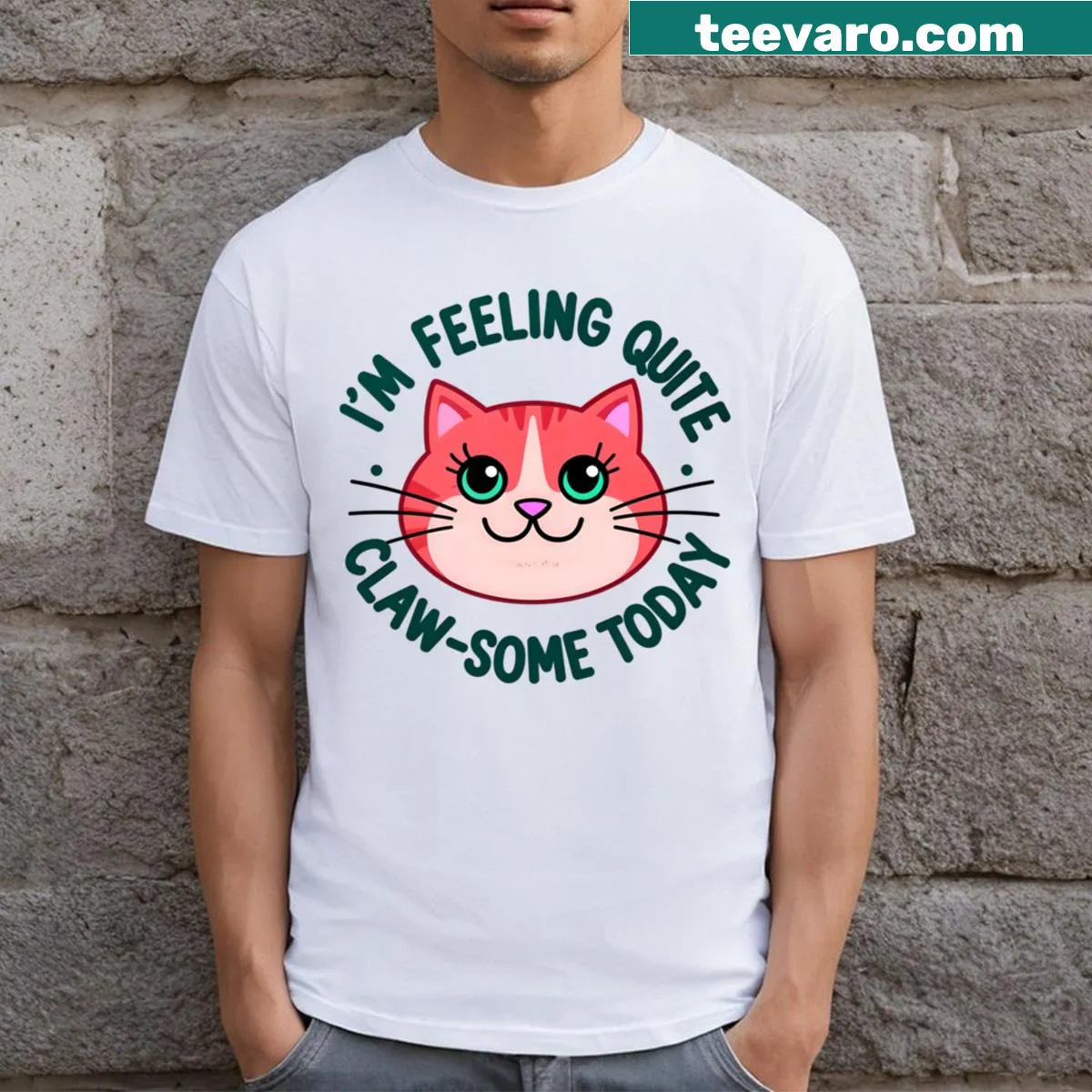 Cute cat quote t-shirt with the phrase I'm Feeling Quite Claw-some Today — on a men's t-shirt