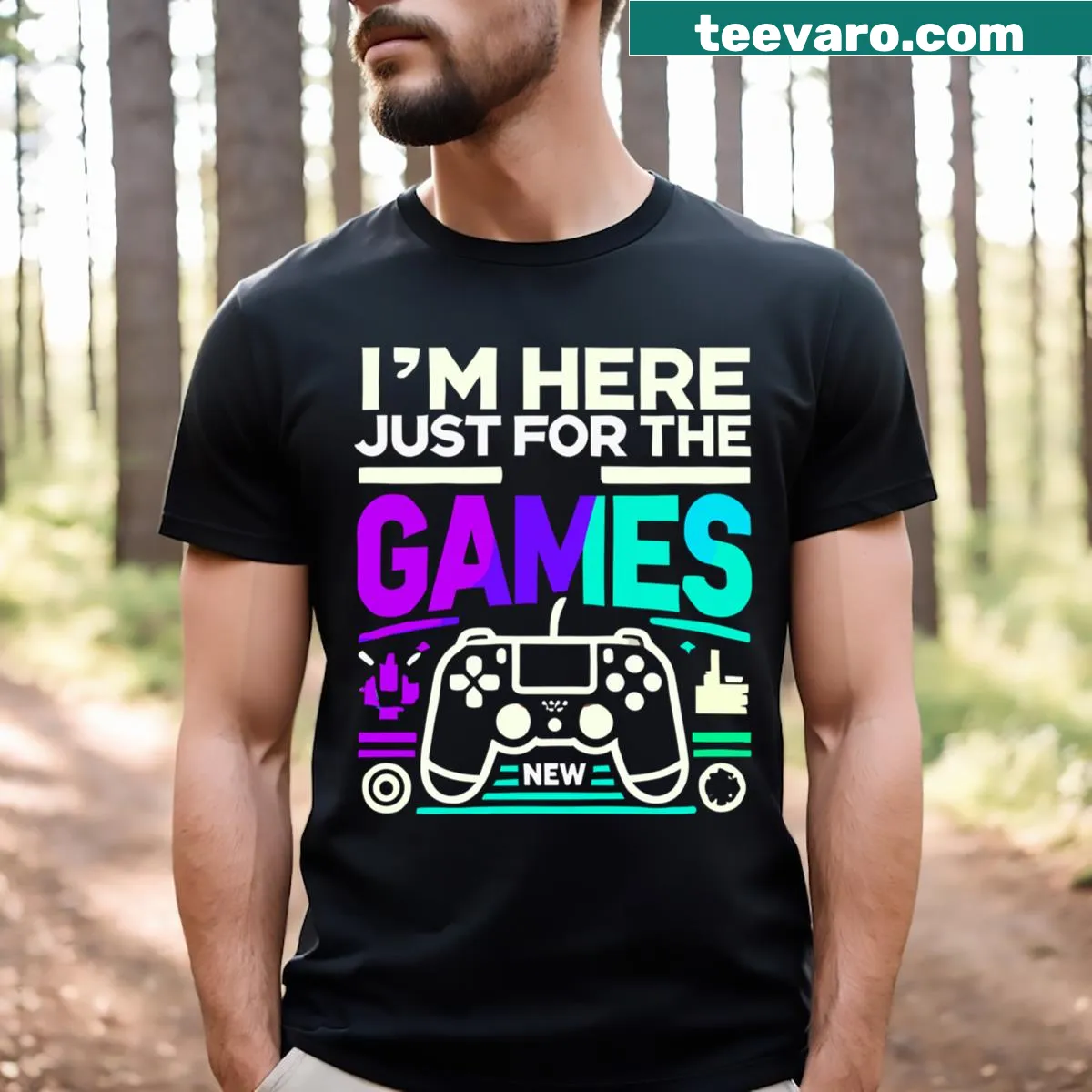 Fun T-shirt with 'I'm Here Just For The Games' text — on a men's t-shirt