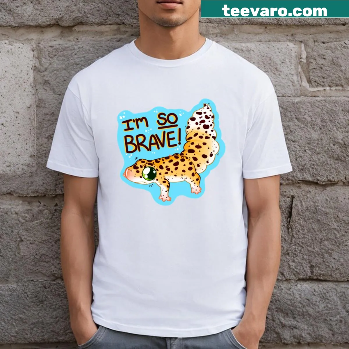 Playful t-shirt featuring a brave leopard gecko illustration — on a men's t-shirt