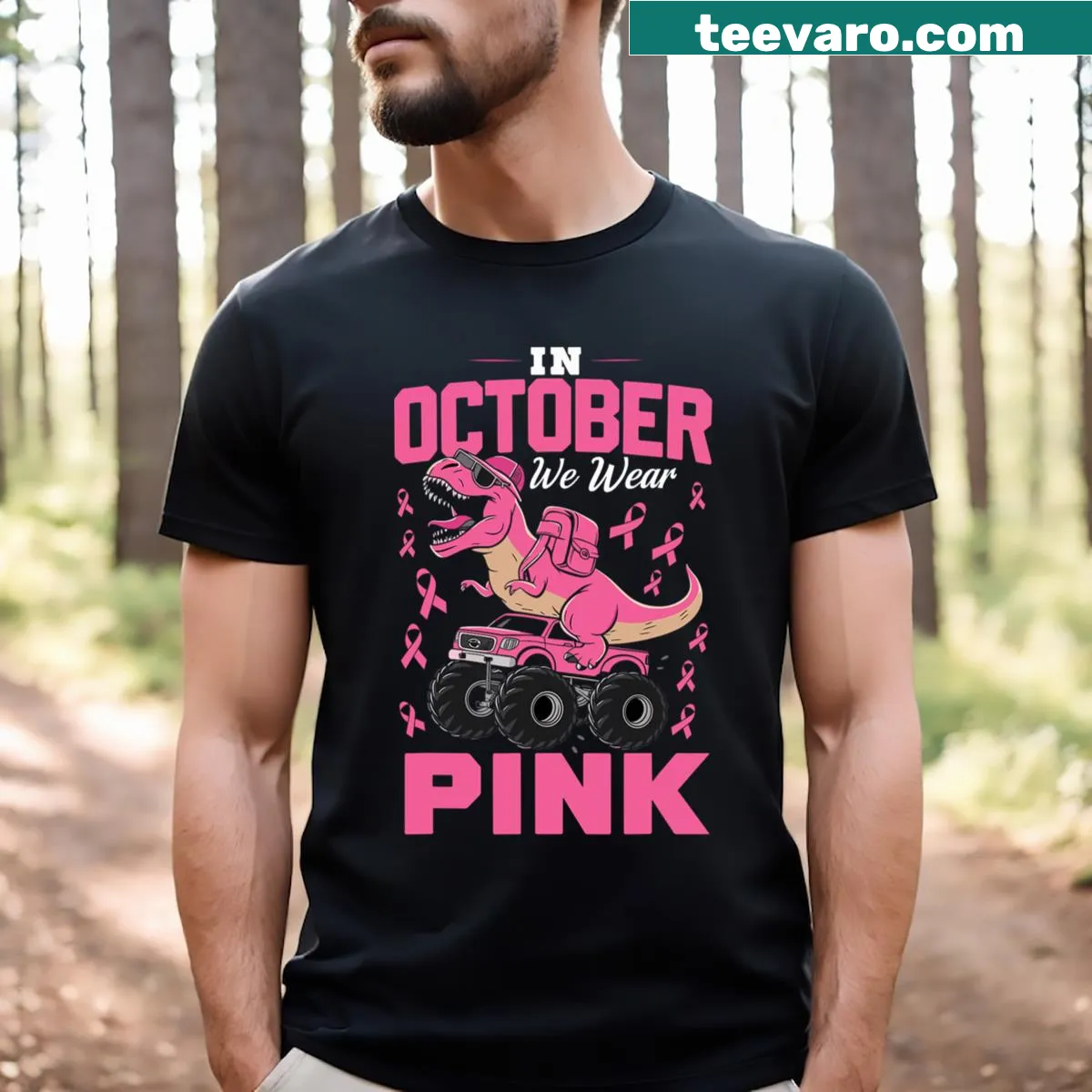 Cute dinosaur wearing a pink ribbon for breast cancer awareness — on a men's t-shirt