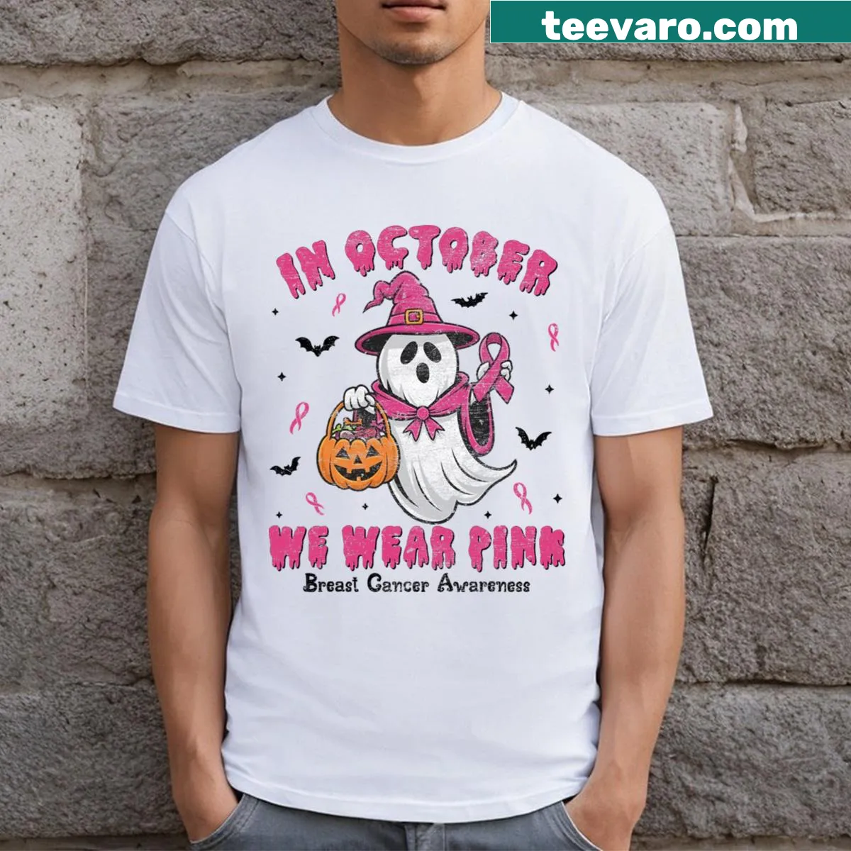 Ghost witch with pink ribbon for breast cancer awareness — on a men's t-shirt