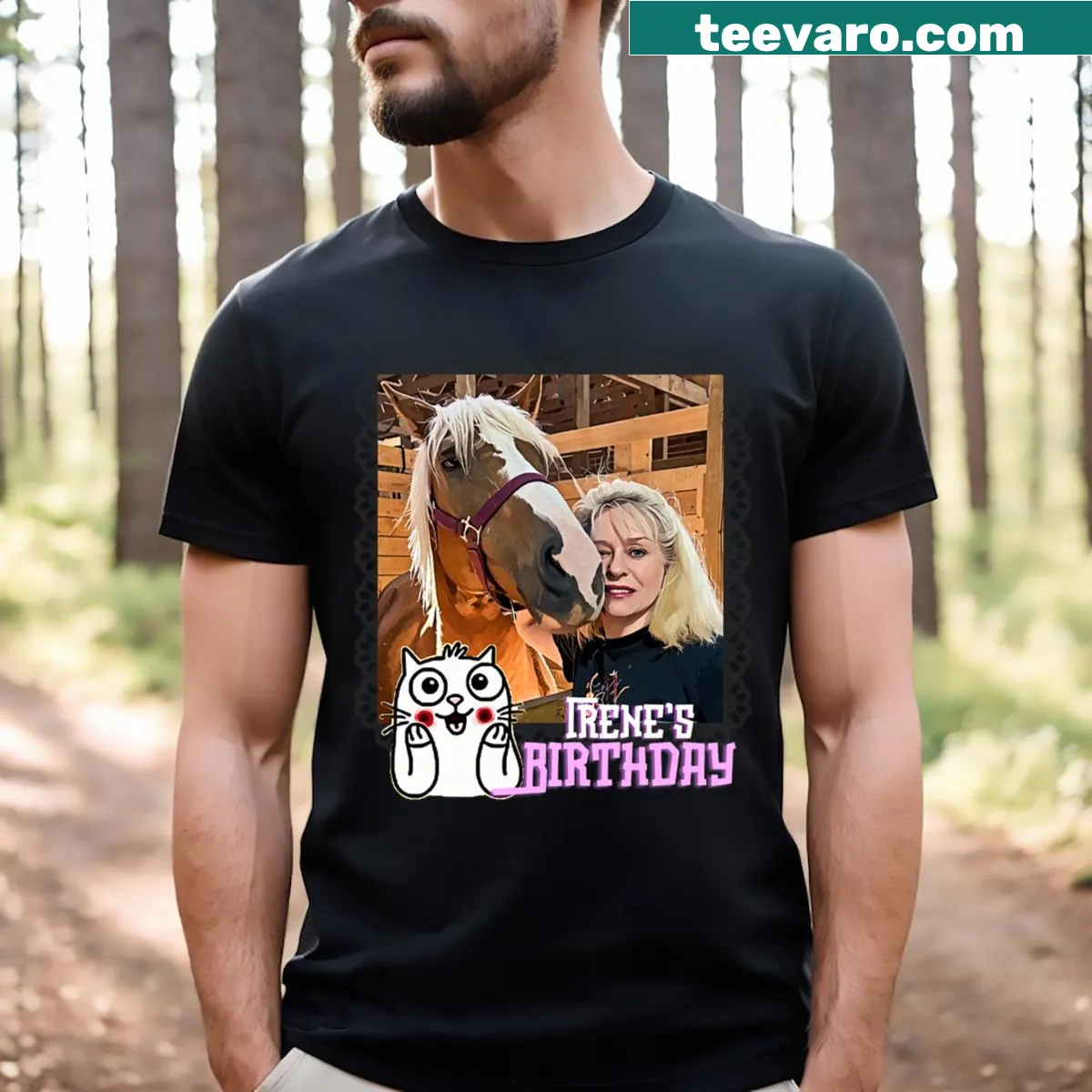 Cartoon T-shirt featuring a horse and cat for birthday celebrations — on a men's t-shirt