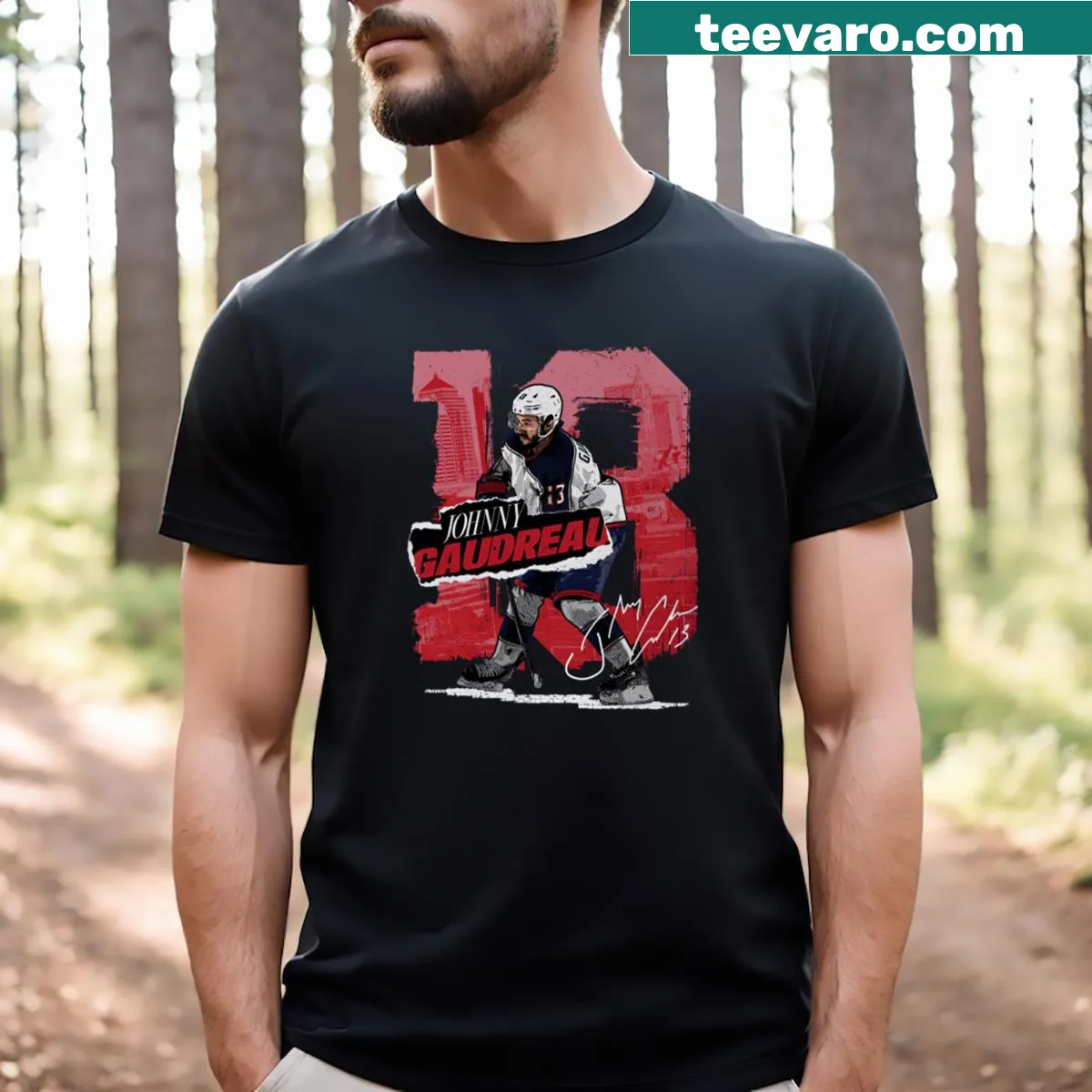 T-shirt featuring Johnny Gaudreau and the number 13 — on a men's t-shirt