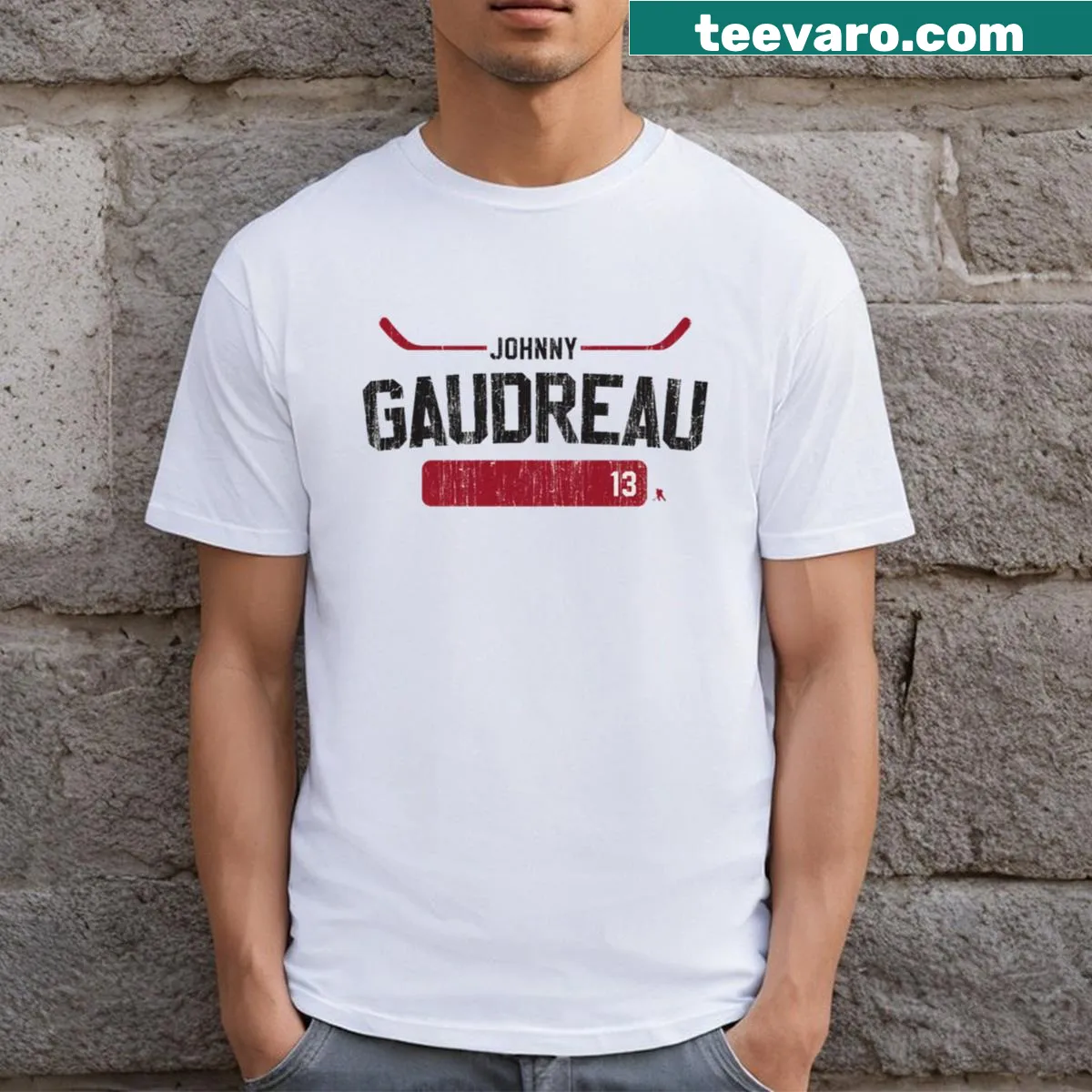 Johnny Gaudreau Athletic T-shirt with bold name — on a men's t-shirt