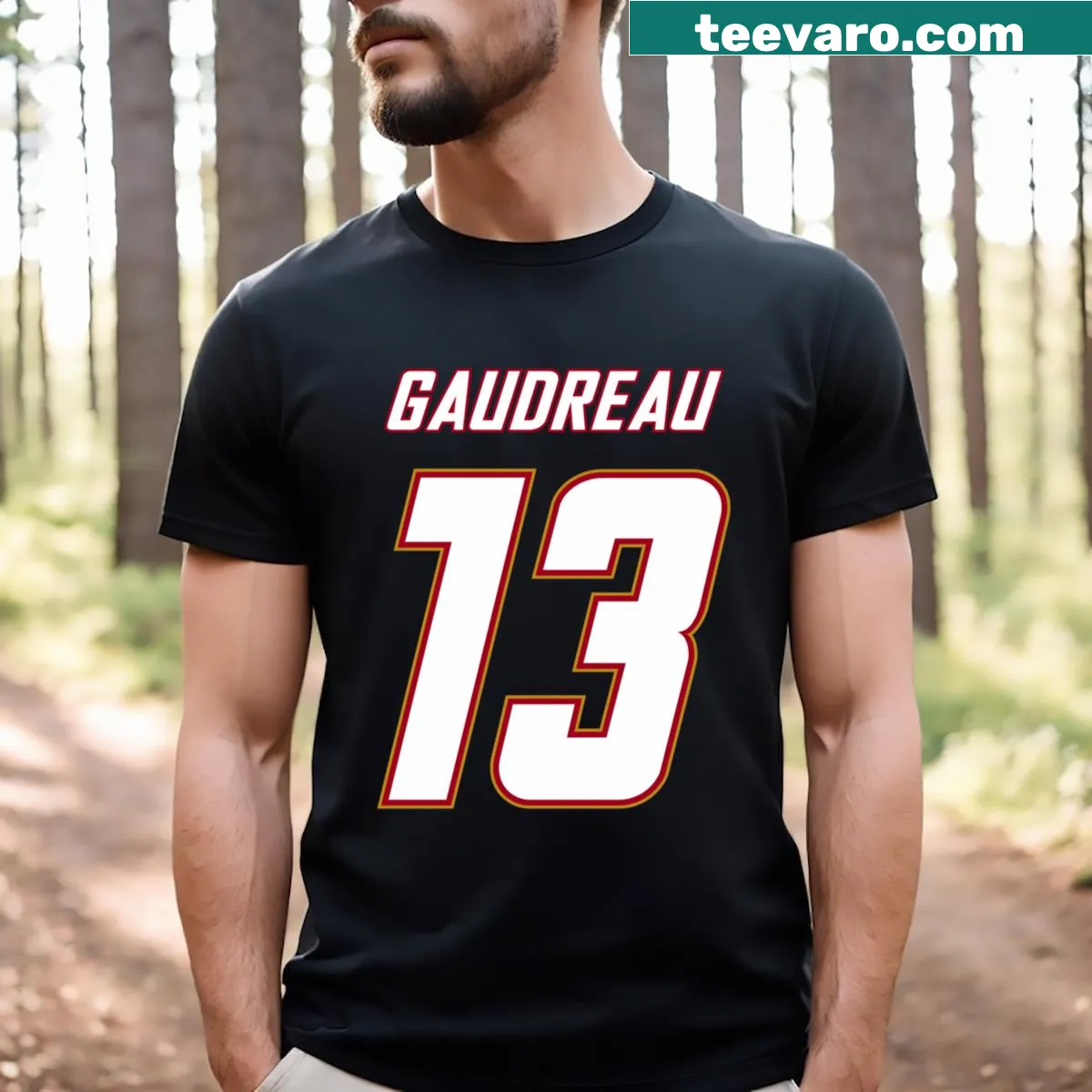 Calgary 3rd Jersey T-shirt with Johnny Gaudreau's number 13 — on a men's t-shirt