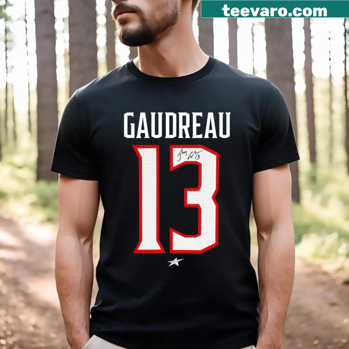 Navy t-shirt with Johnny Gaudreau's name and number in sporty font — on a men's t-shirt