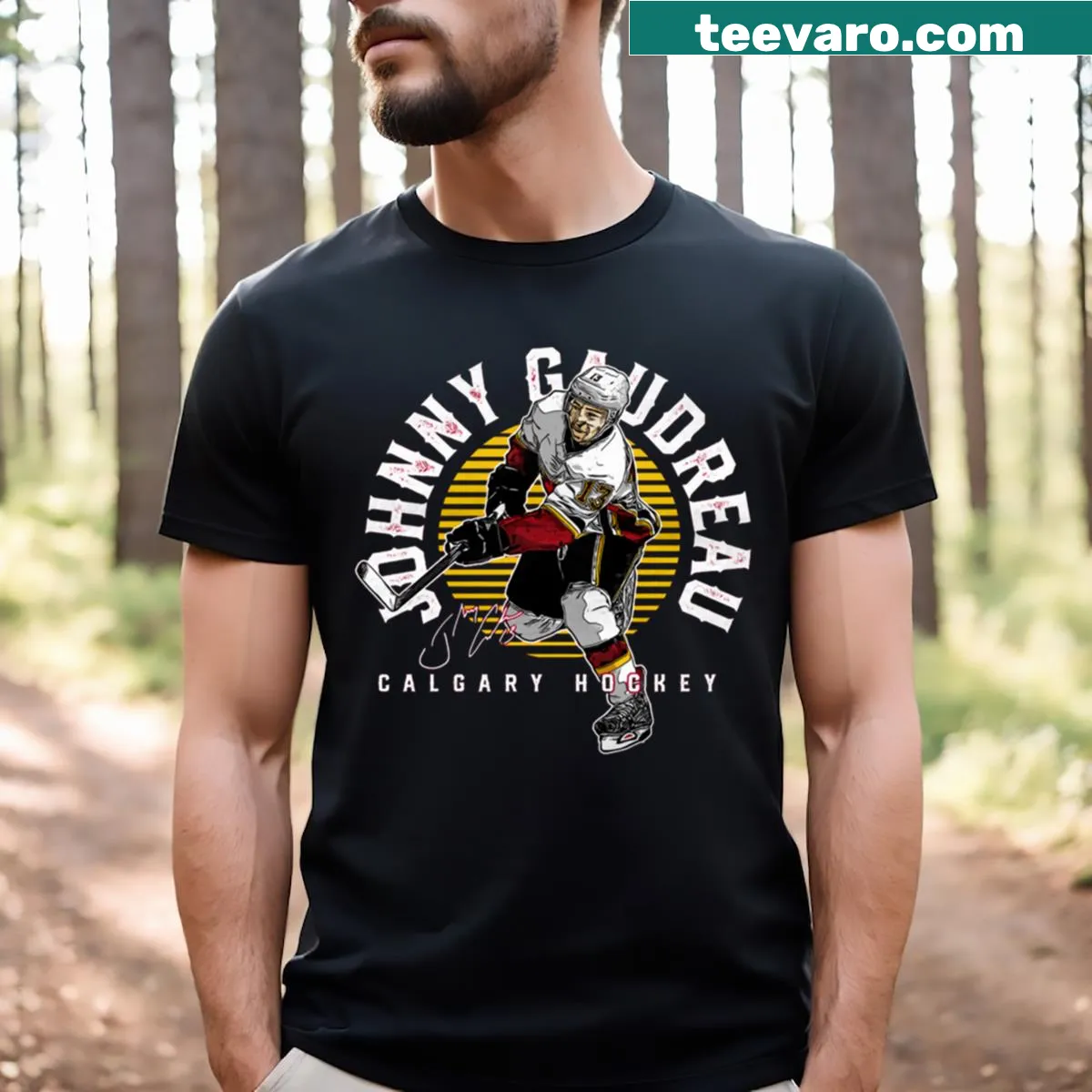 Johnny Gaudreau emblem graphic T-shirt — on a men's t-shirt