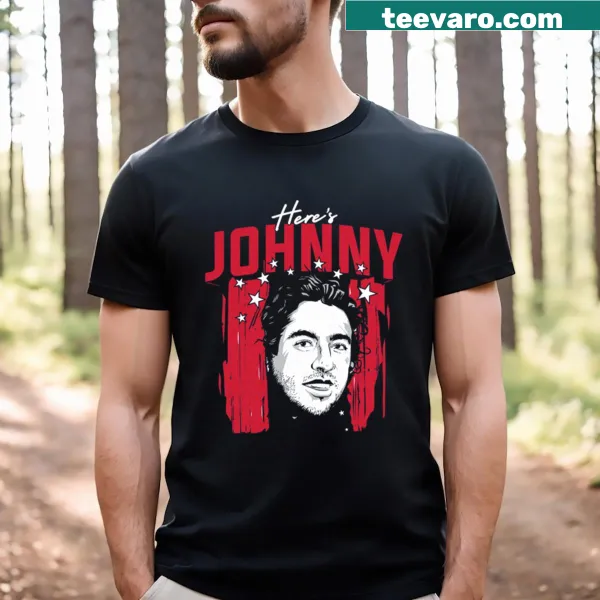 Playful 'Here's Johnny' slogan shirt featuring Johnny Gaudreau.