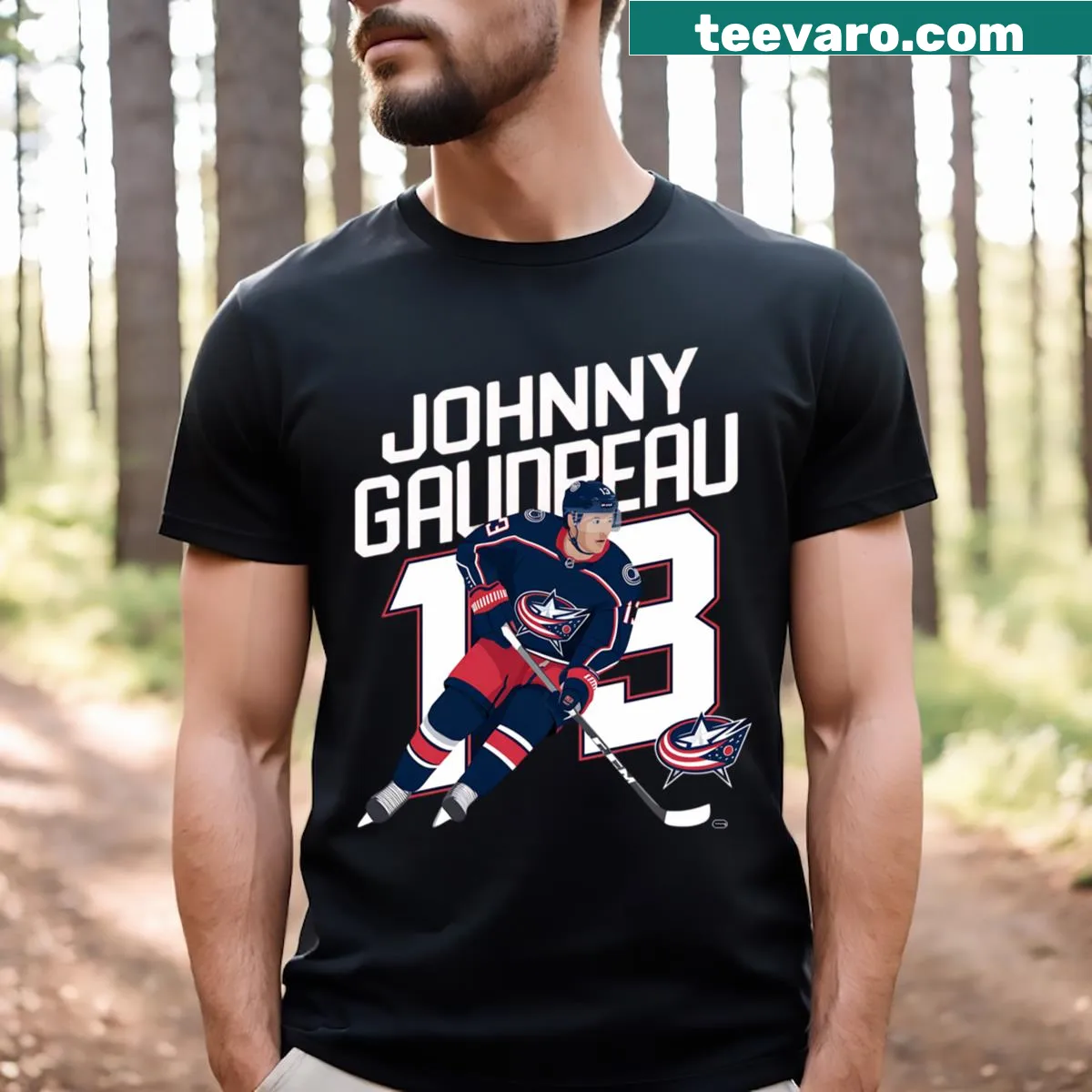 Hockey T-shirt featuring Johnny Gaudreau's number 13 — on a men's t-shirt