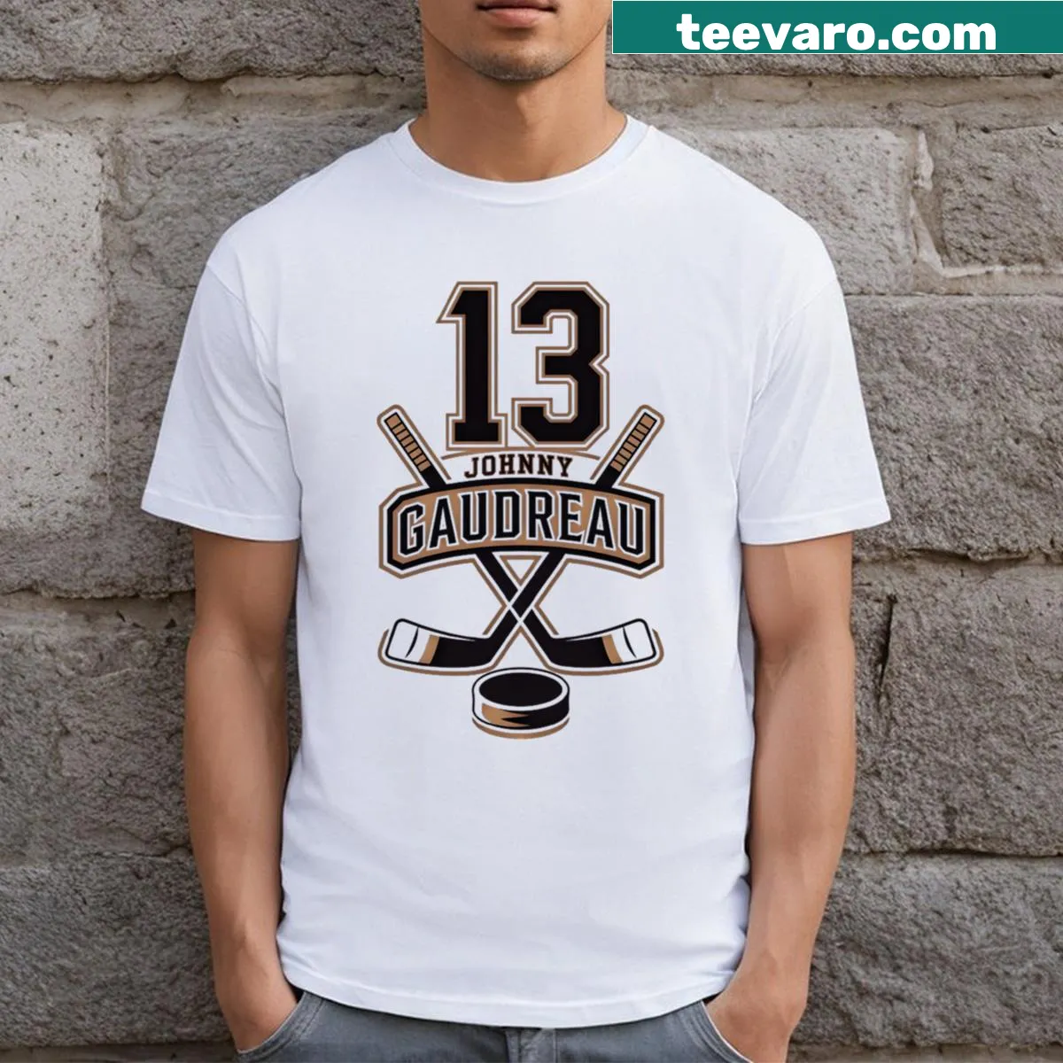 Johnny Gaudreau hockey t-shirt featuring his name prominently — on a men's t-shirt