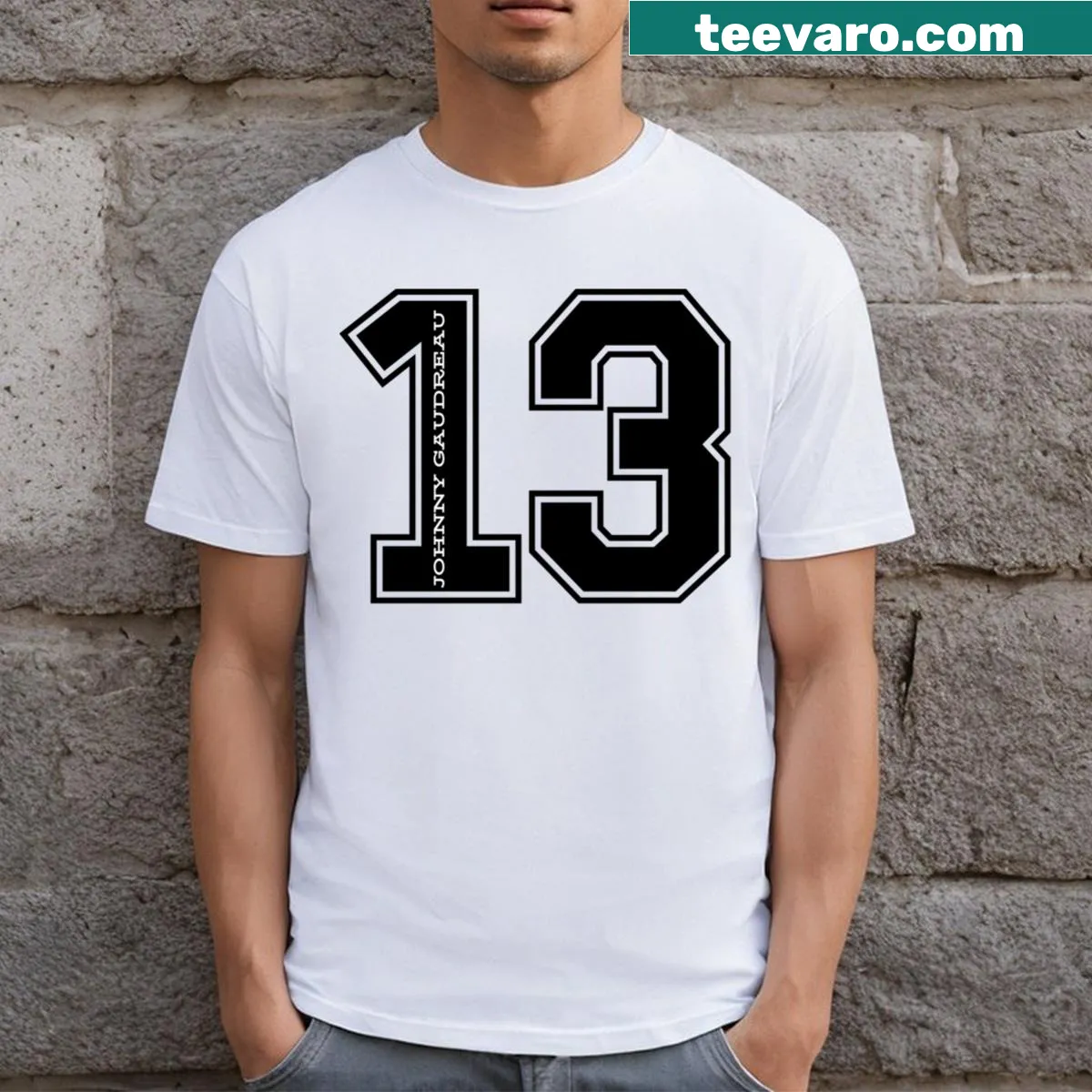 Simple Johnny Gaudreau name t-shirt — on a men's t-shirt