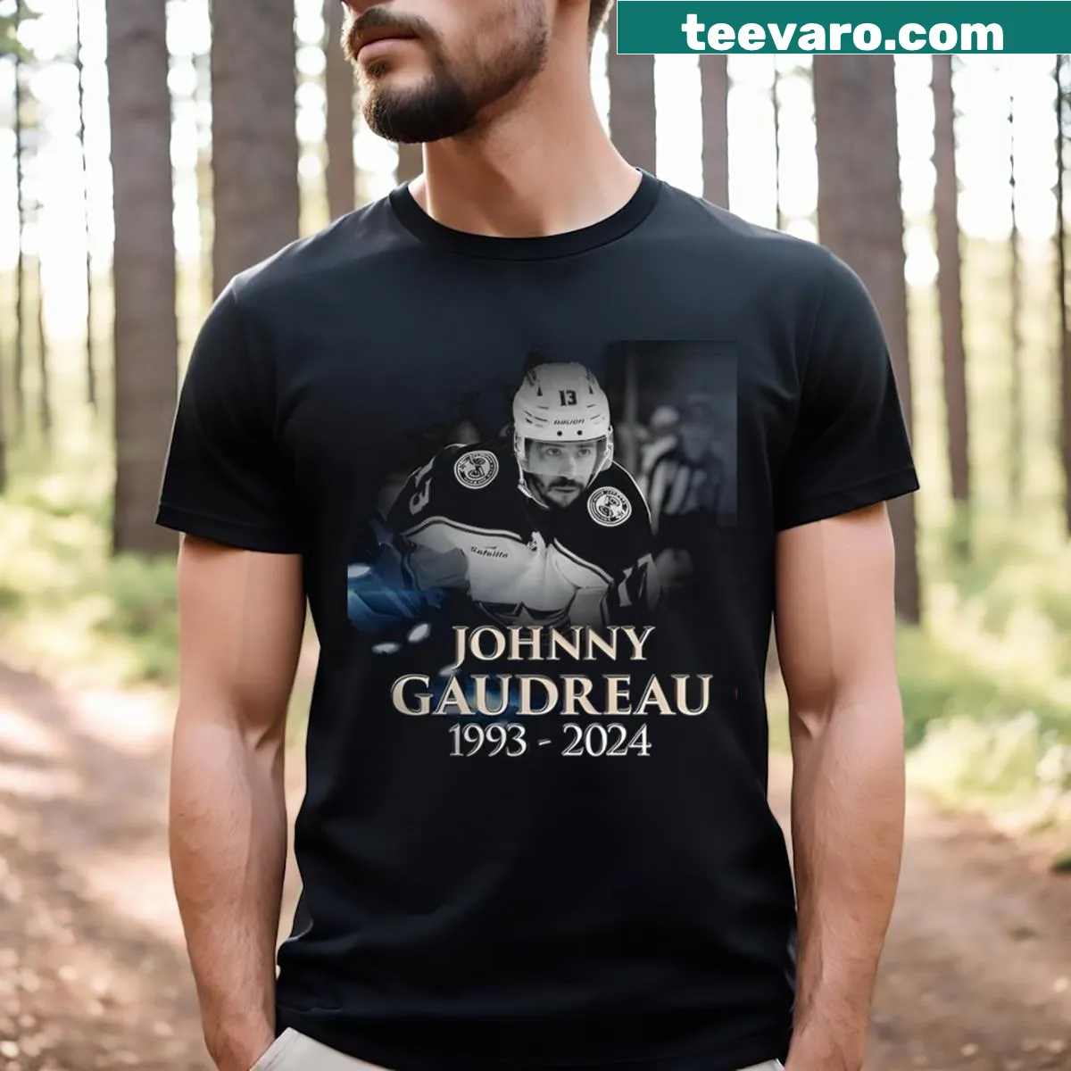 Johnny Gaudreau tribute t-shirt with 'Rest In Peace' text. — on a men's t-shirt