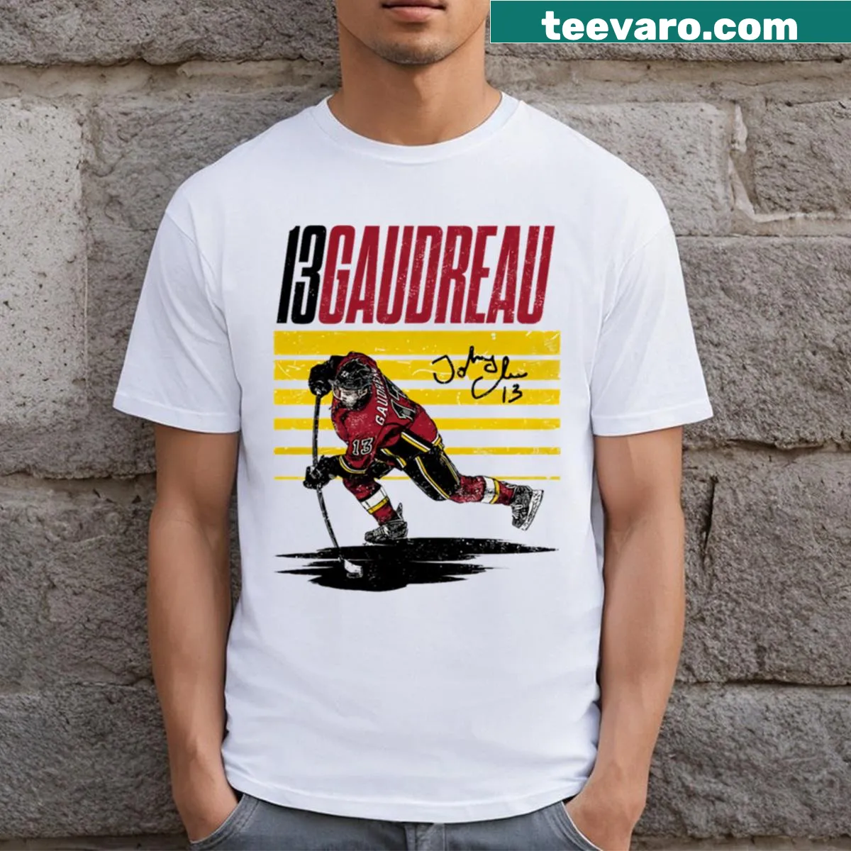 Starter t-shirt featuring Johnny Gaudreau's name in bold design — on a men's t-shirt