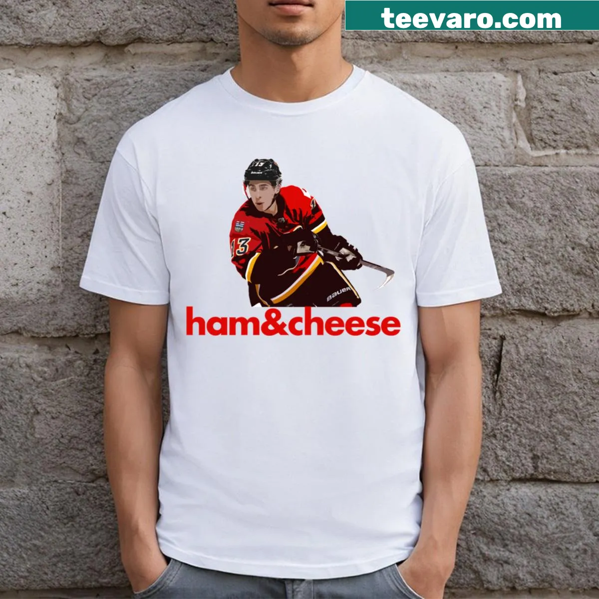 Humorous cartoon Johnny Gaudreau ham and cheese t-shirt — on a men's t-shirt