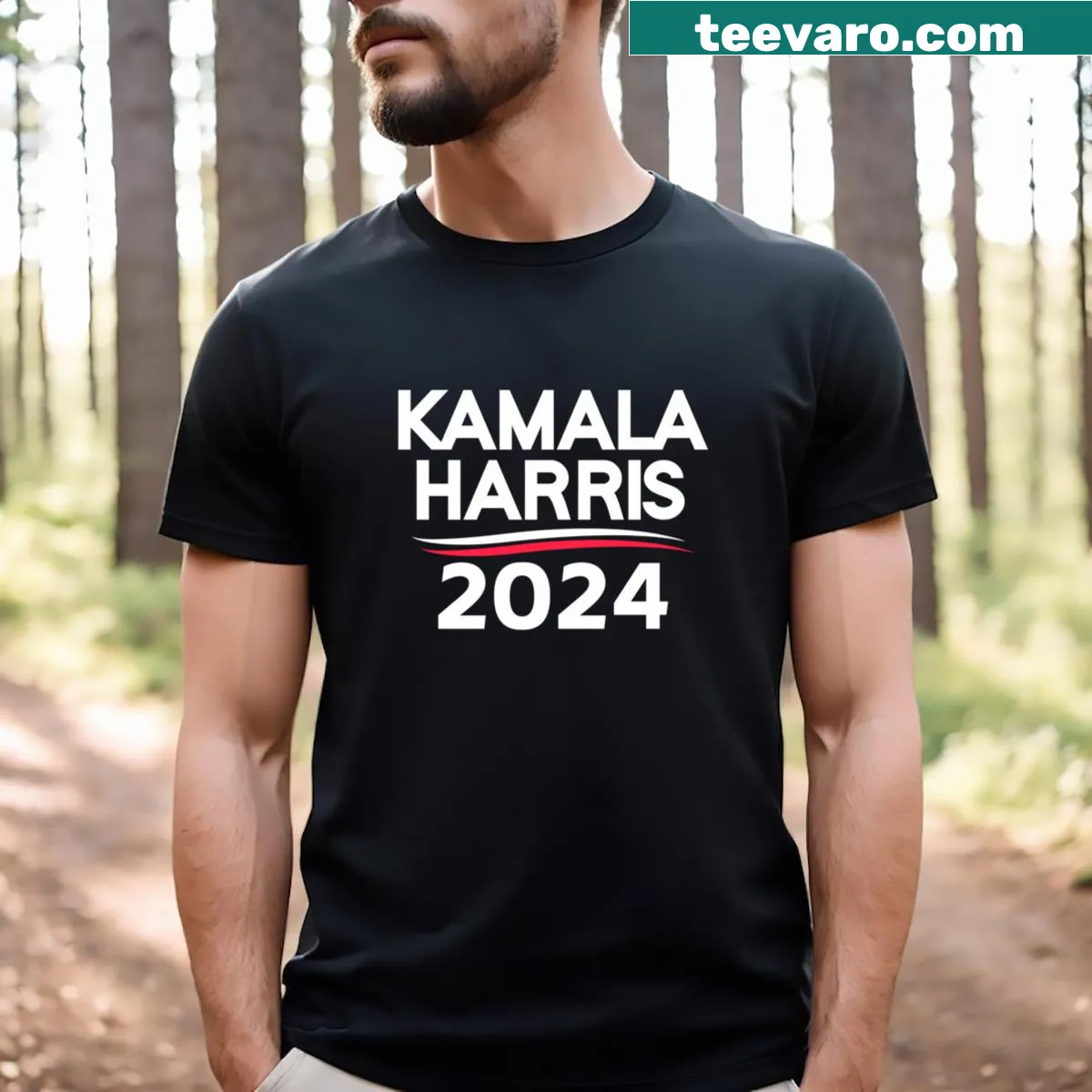 Kamala Harris 2024 t-shirt featuring her name and campaign slogan — on a men's t-shirt