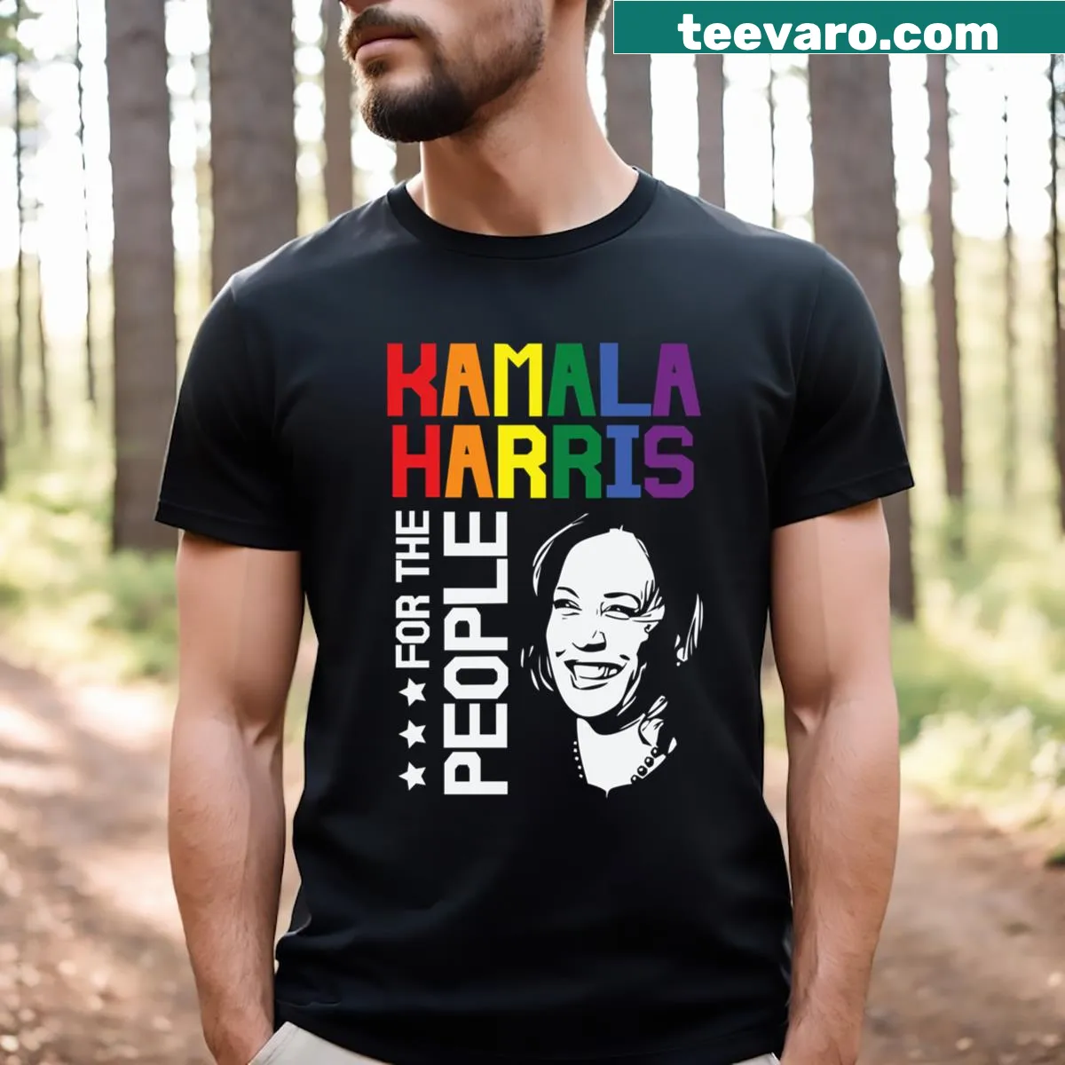 Kamala Harris 2024 T-shirt featuring her title as first woman president — on a men's t-shirt