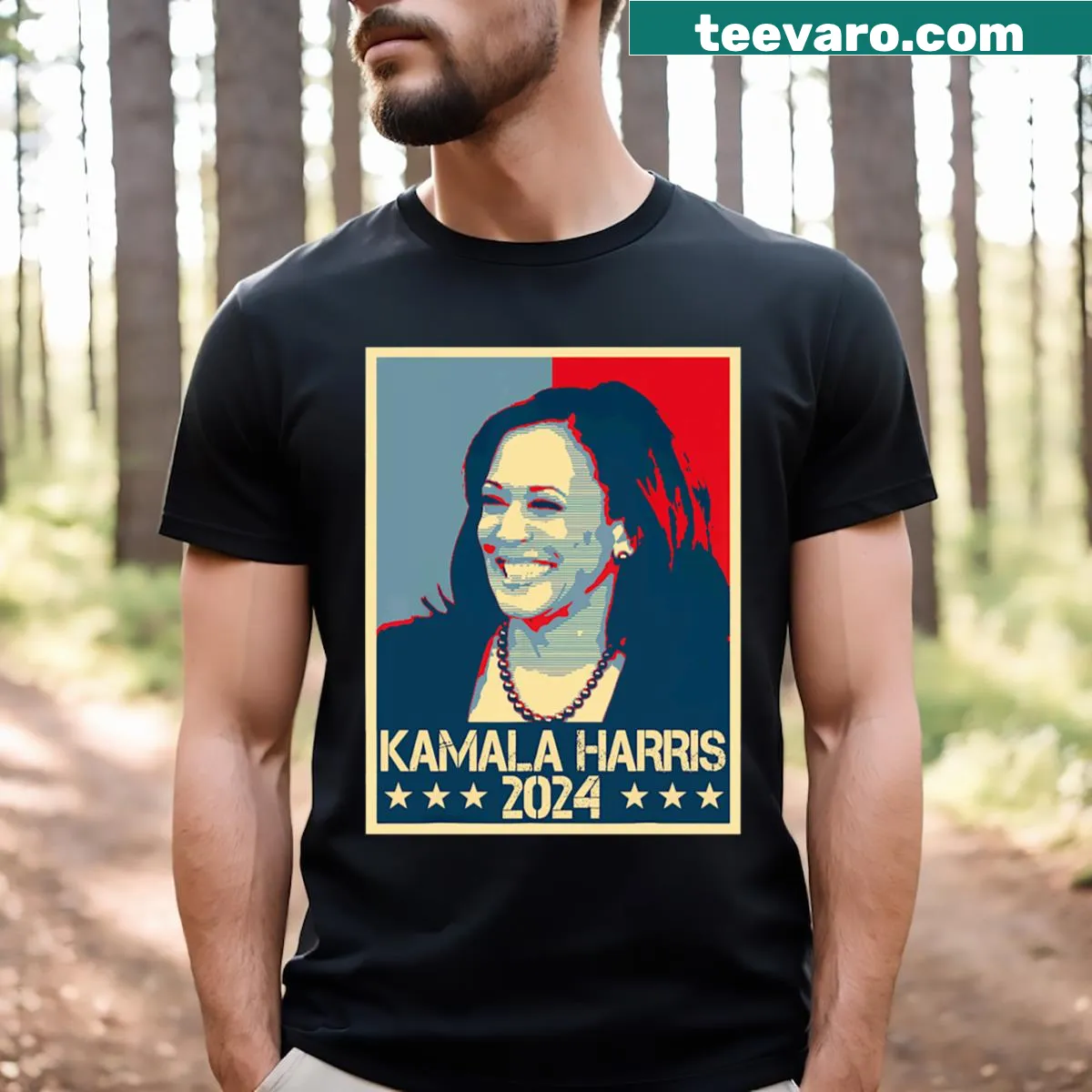 Vintage style t-shirt in red and blue for Kamala Harris 2024. — on a men's t-shirt